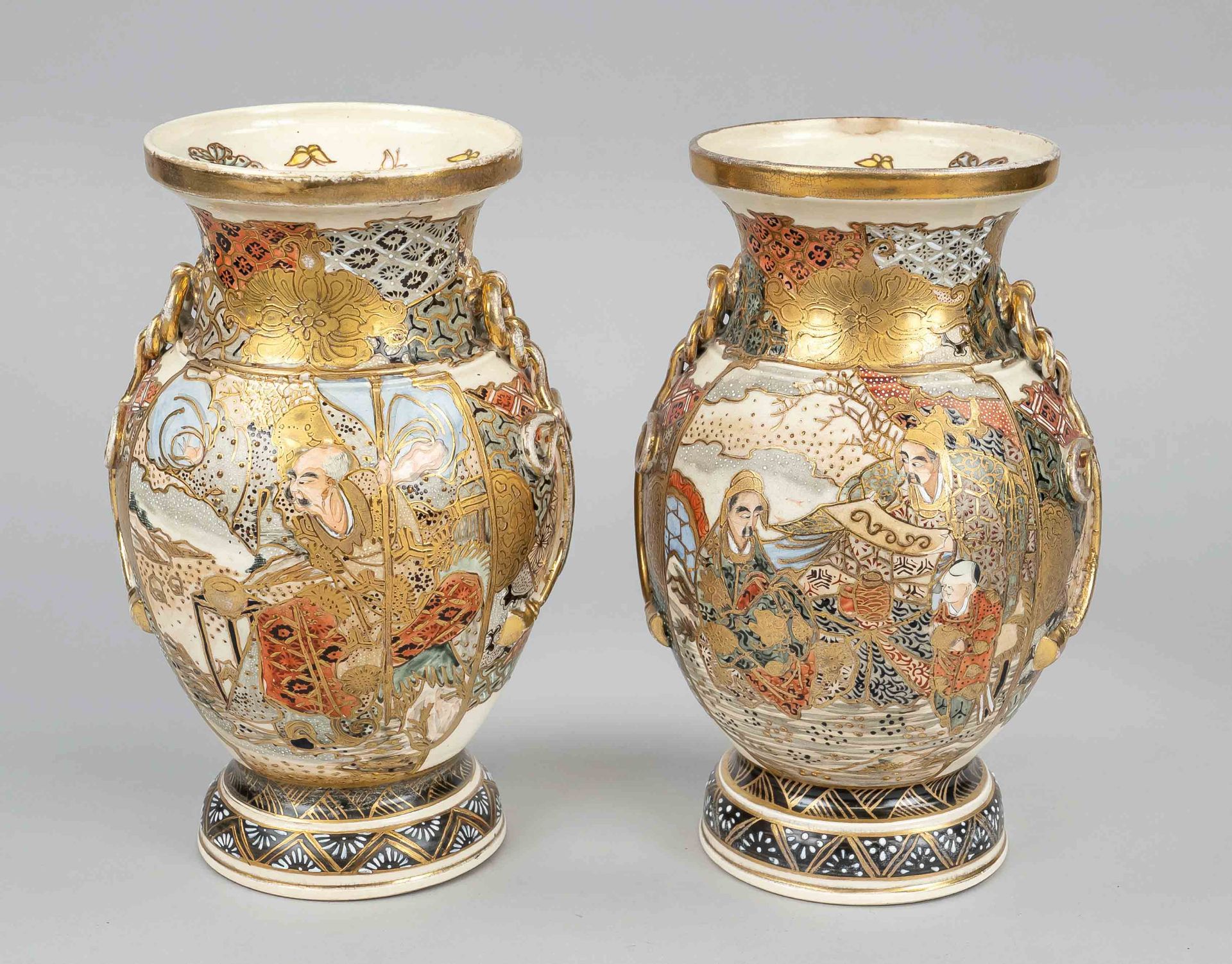 Pair of Satsuma vases, Japan, Meiji period(1868-1912), around 1900, ivory porcelain with delicate