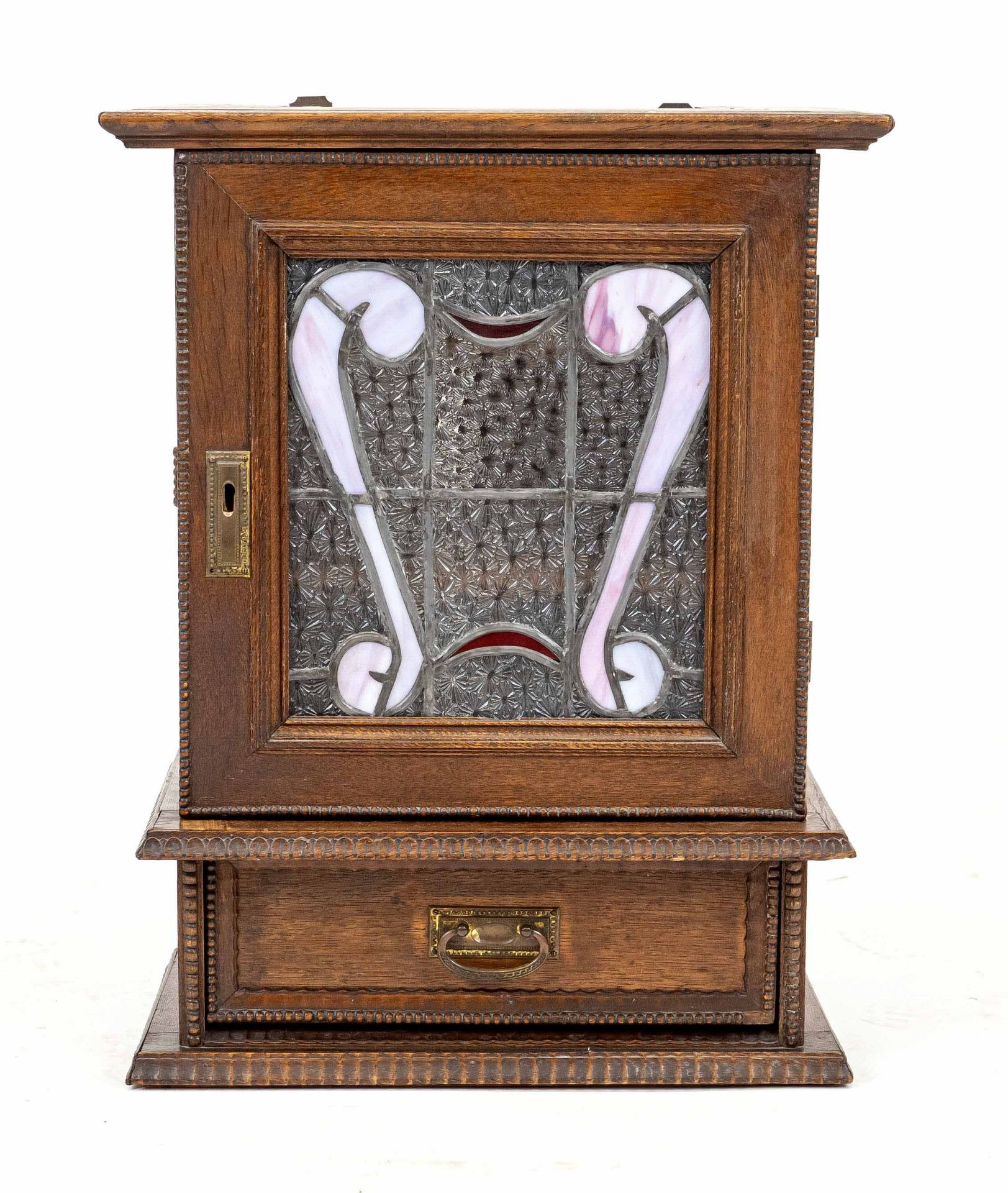 Art Nouveau hanging cabinet circa 1890, oak, body with drawer and leaded glass door, 59 x 46 x 25