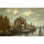 Anonymous landscape painter of the 20th century Dutch town with fishing boats on the pier. Oil/