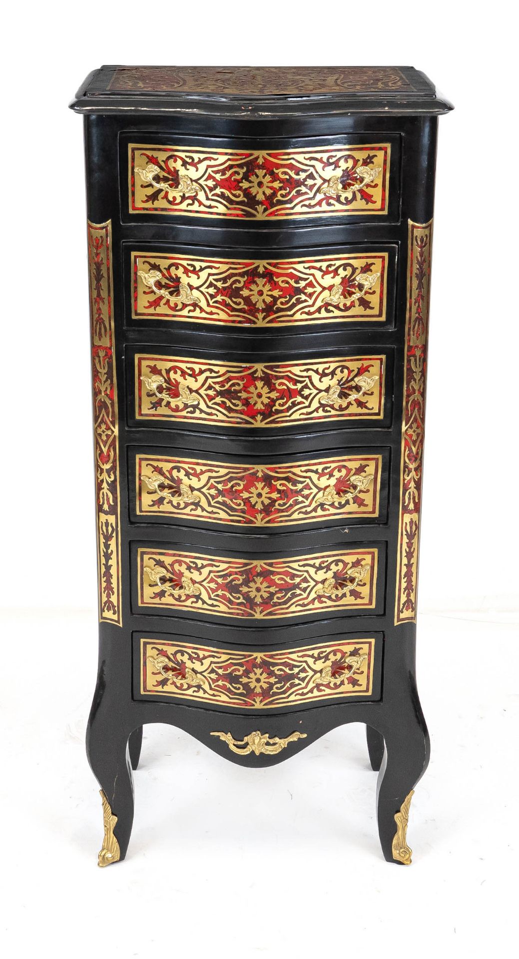 Boulle-style pillar chest of drawers, 20th c., black lacquered wood, brass inlays, imitation