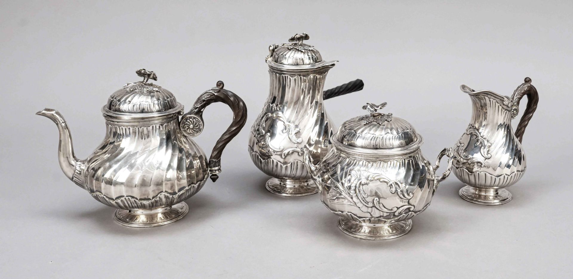 Three-piece tea centerpiece and chocolate pot, France, 1875-1891, maker's mark Fray Fils, Paris,