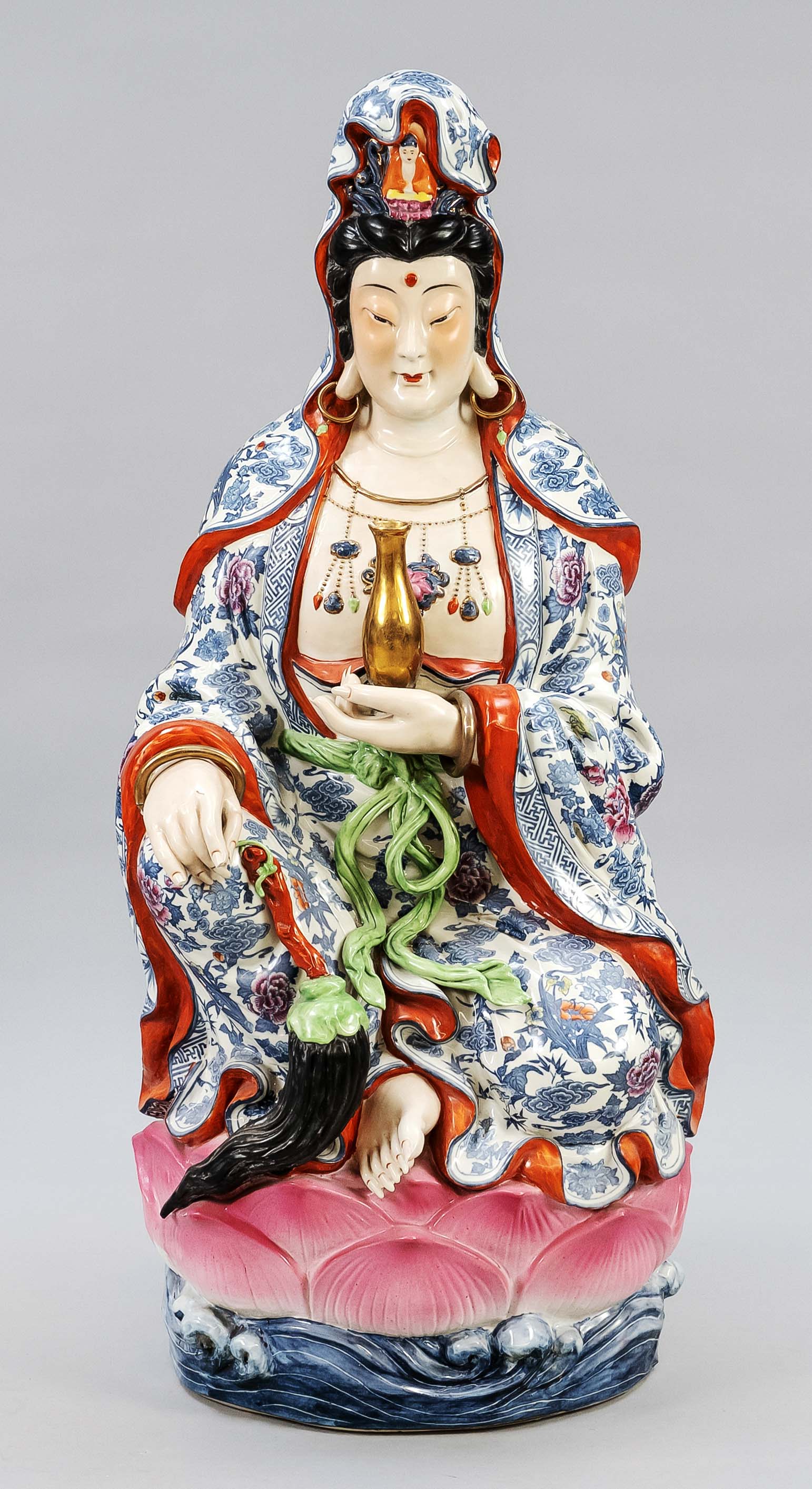 Large merciful Guanyin, China, 20th century, very large porcelain figure with polychrome glass