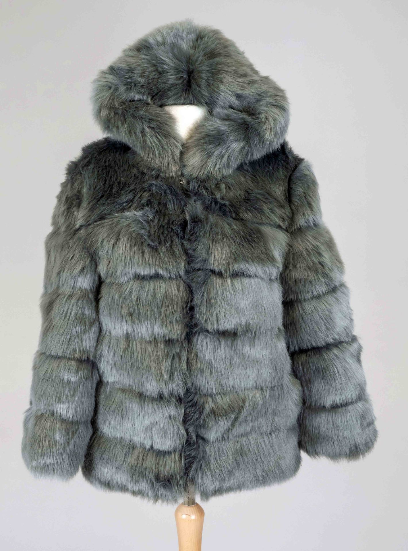 Grey faux fur jacket with hood, 20th c., size S, on a label in the lining bez, ''Fashion'', light