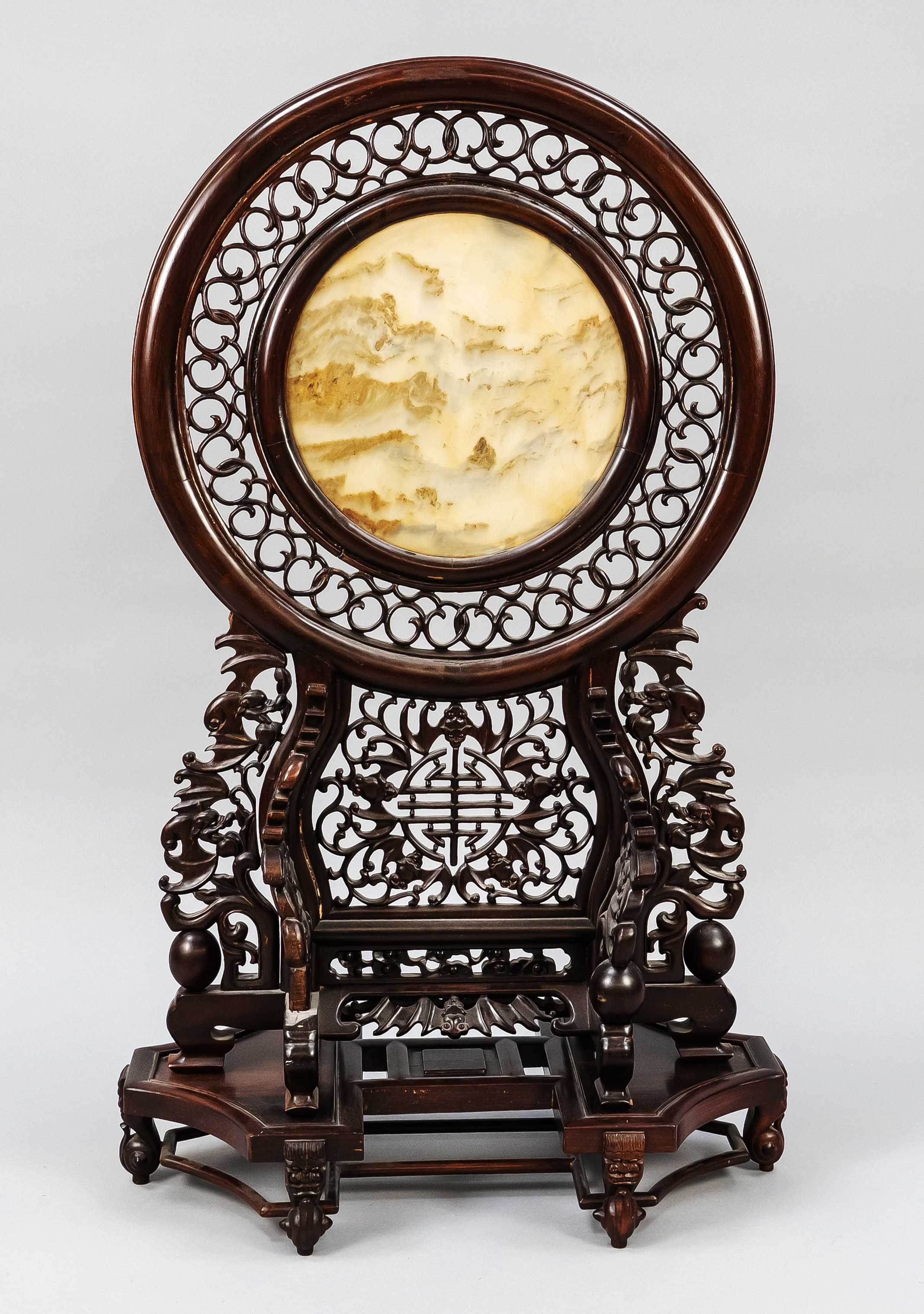 Large dreamstone, China, Qing dynasty(1644-1911), 18th/19th c., in ornately carved rosewood stand