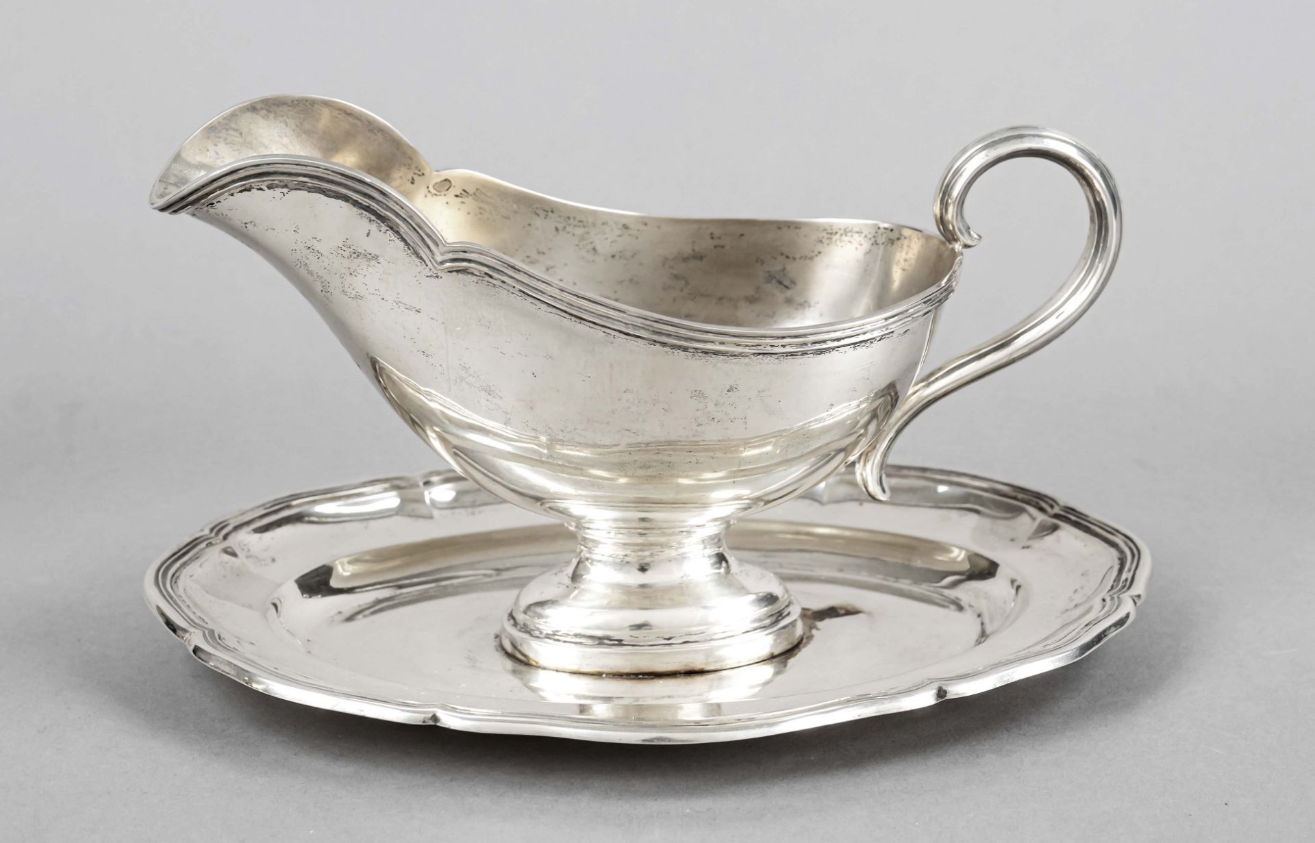 Gravy boat with fixed saucer, German, 20th century, jeweler's mark Heinrich Mau, Dresden, silver