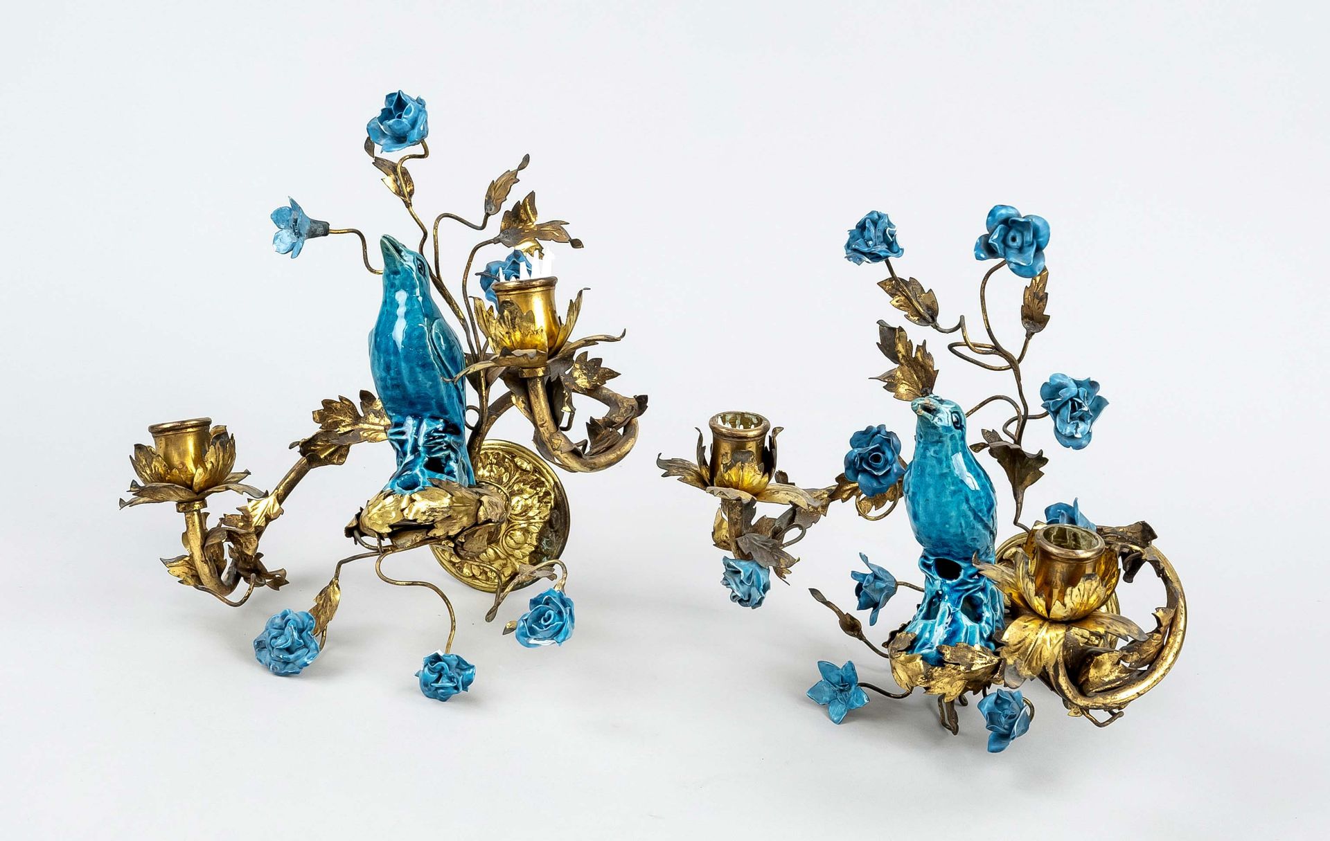 Pair of turquoise bird candelabra, China, Qing dynasty(1644-1912), 19th century, porcelain with