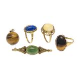 5-piece set GG 333/000 with 2 tiger eye cabochons 17,5 x 12,5 and 15 mm, one jade cabochon 14 x 9,