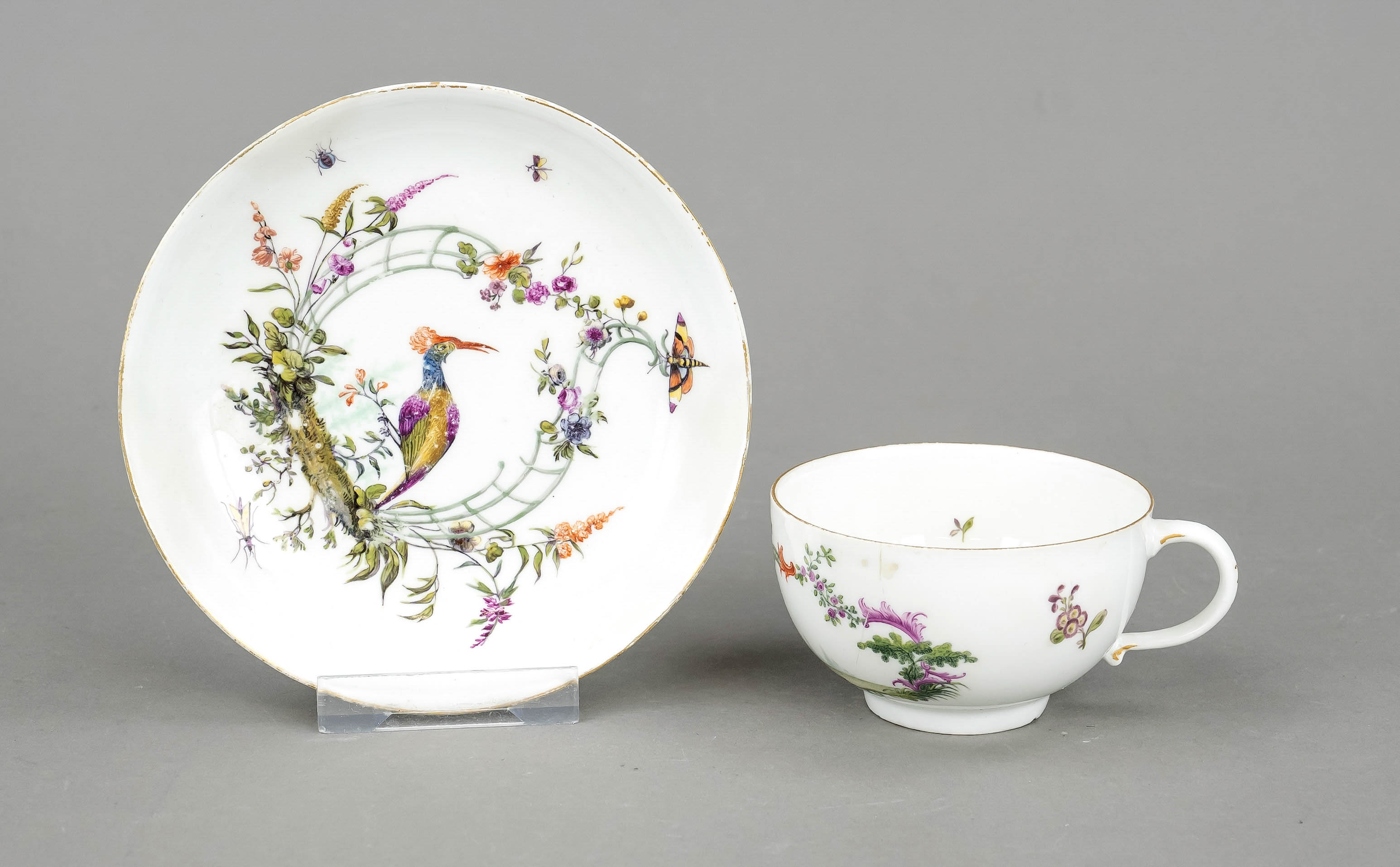 Cup with saucer, Meissen, 19th century, semicircular form with ear handle, polychrome painting