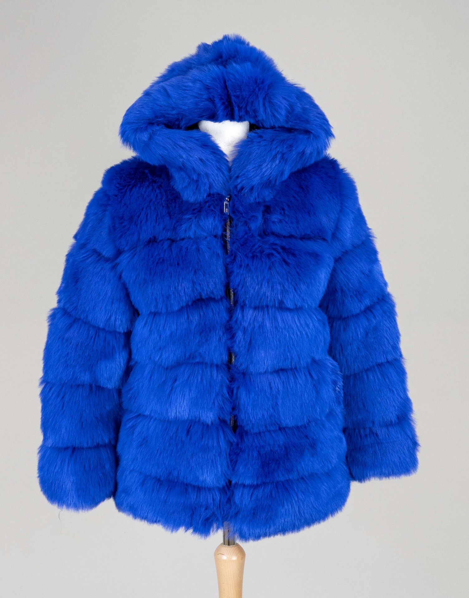 Bright blue faux fur jacket with hood, 20th c., size S, on a label in the lining referred to, ''
