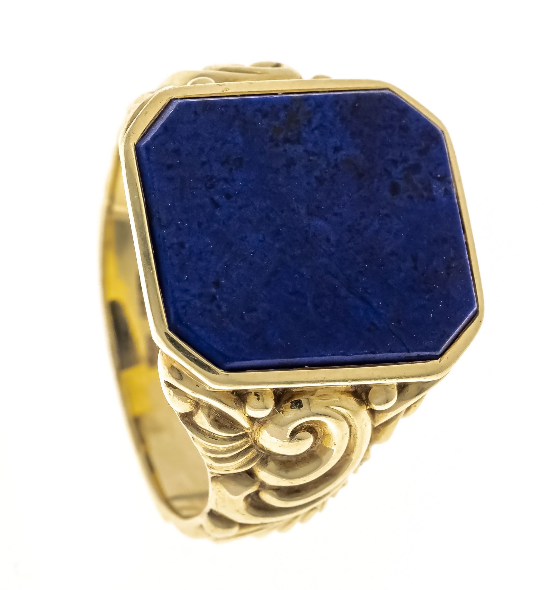 Lapis lazuli men's ring GG 585/000 with an octagonal faceted lapis lazuli layer stone 15 x 13 mm, RG