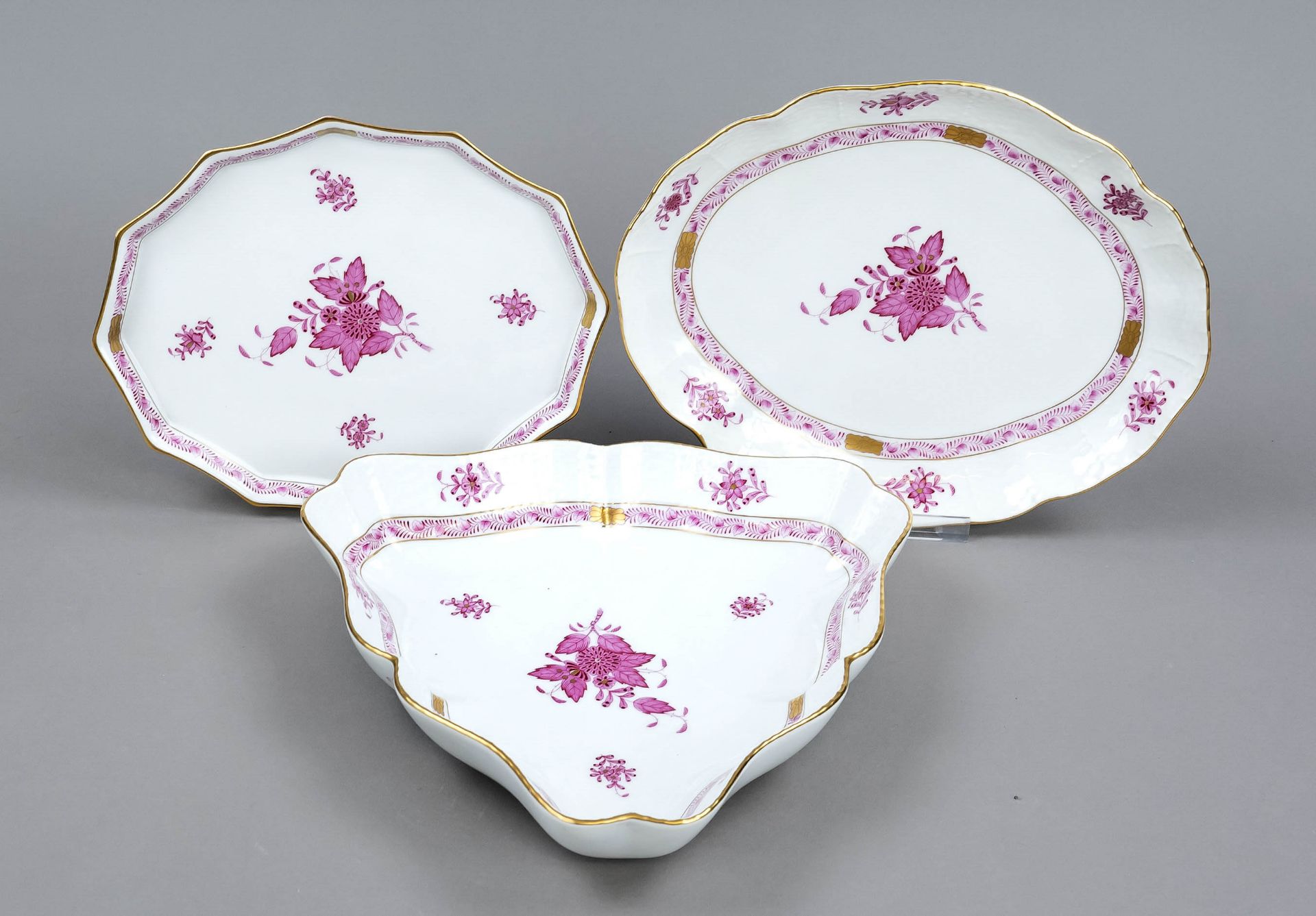 Two bowls and a tray, Herend, 20th c., 2x Ozier form, Apponyi decor in purple, ornamental gilding,