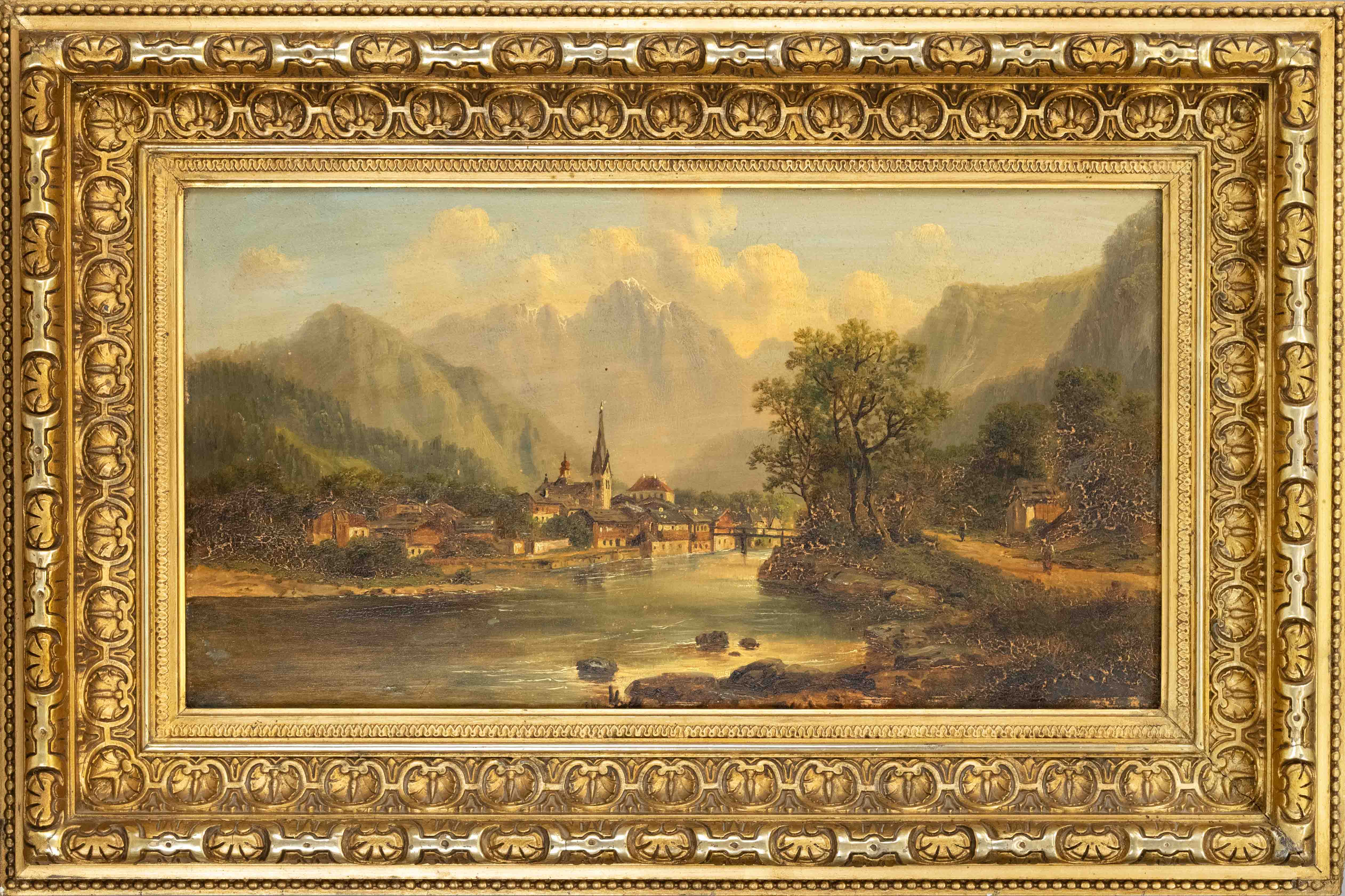 Edmund Höd (1837-1888), Austrian landscape painter, Tyrolean village on a river, oil on wood, signed