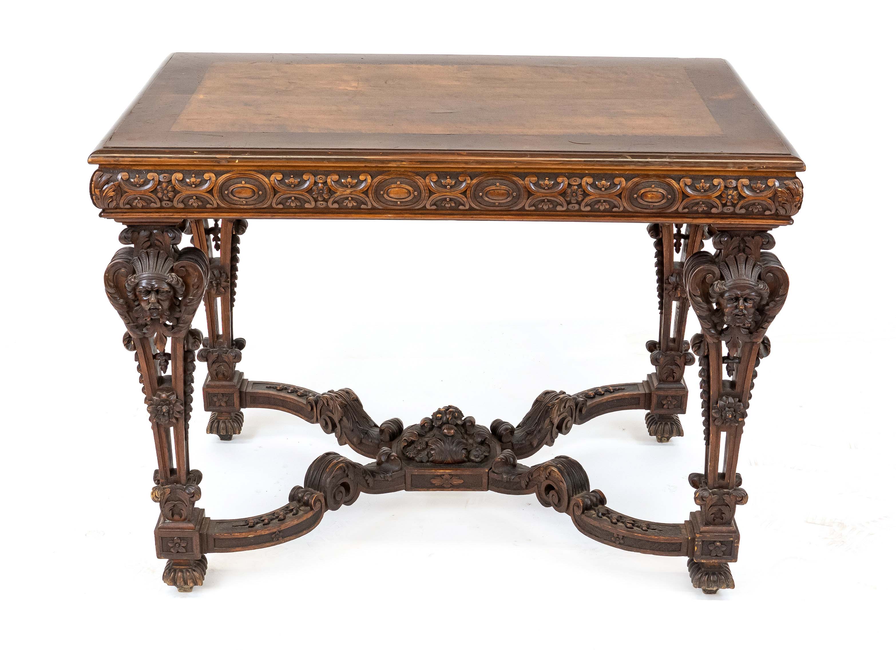 Historism table around 1870, walnut, richly carved, 77 x 101 x 63 cm.