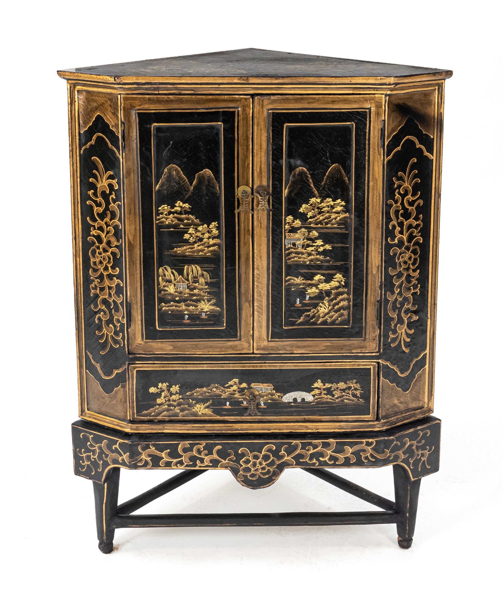 Asian style corner cupboard, 20th century, wood with painting typical for the country, 106x74x45cm