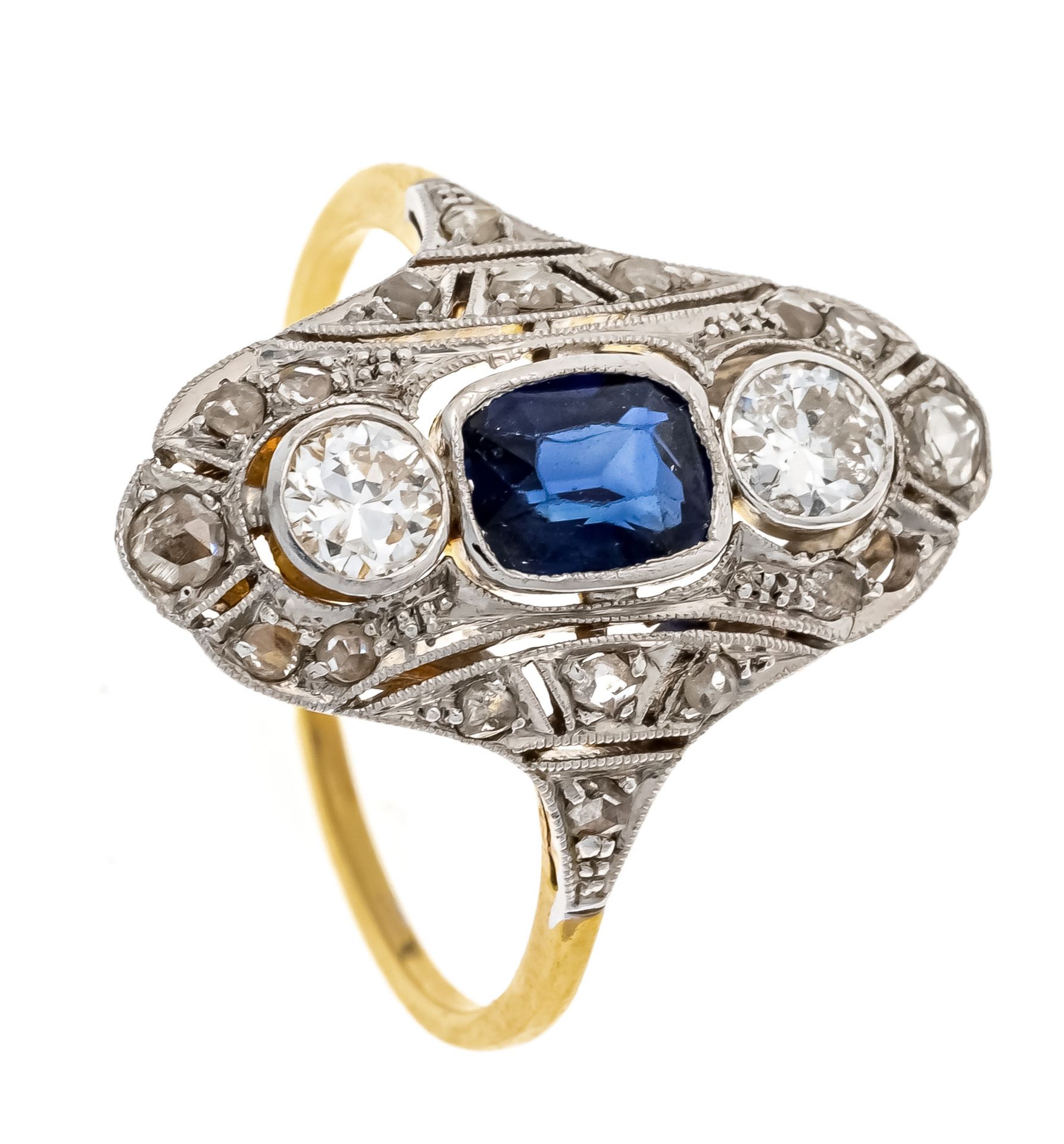 Art Deco sapphire old cut diamond ring GG/WG 585/000 with a natural very good with antique cut