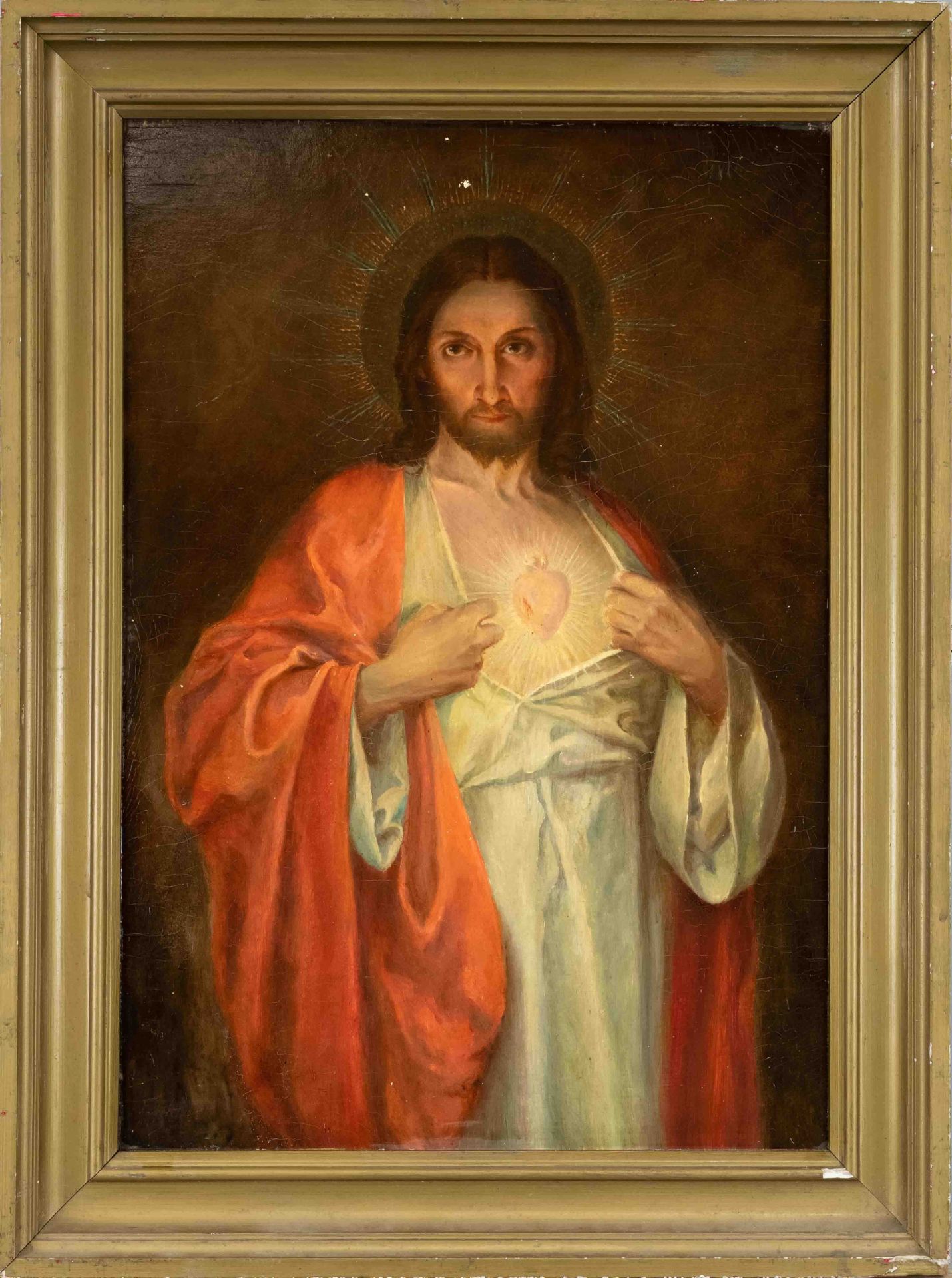 E. Formes, 19th c., devotional picture of Christ with sacred heart, oil on wood, signed lower