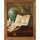 signed Wernek, end of 19th century, large scholar still life with globe and books, oil on canvas,