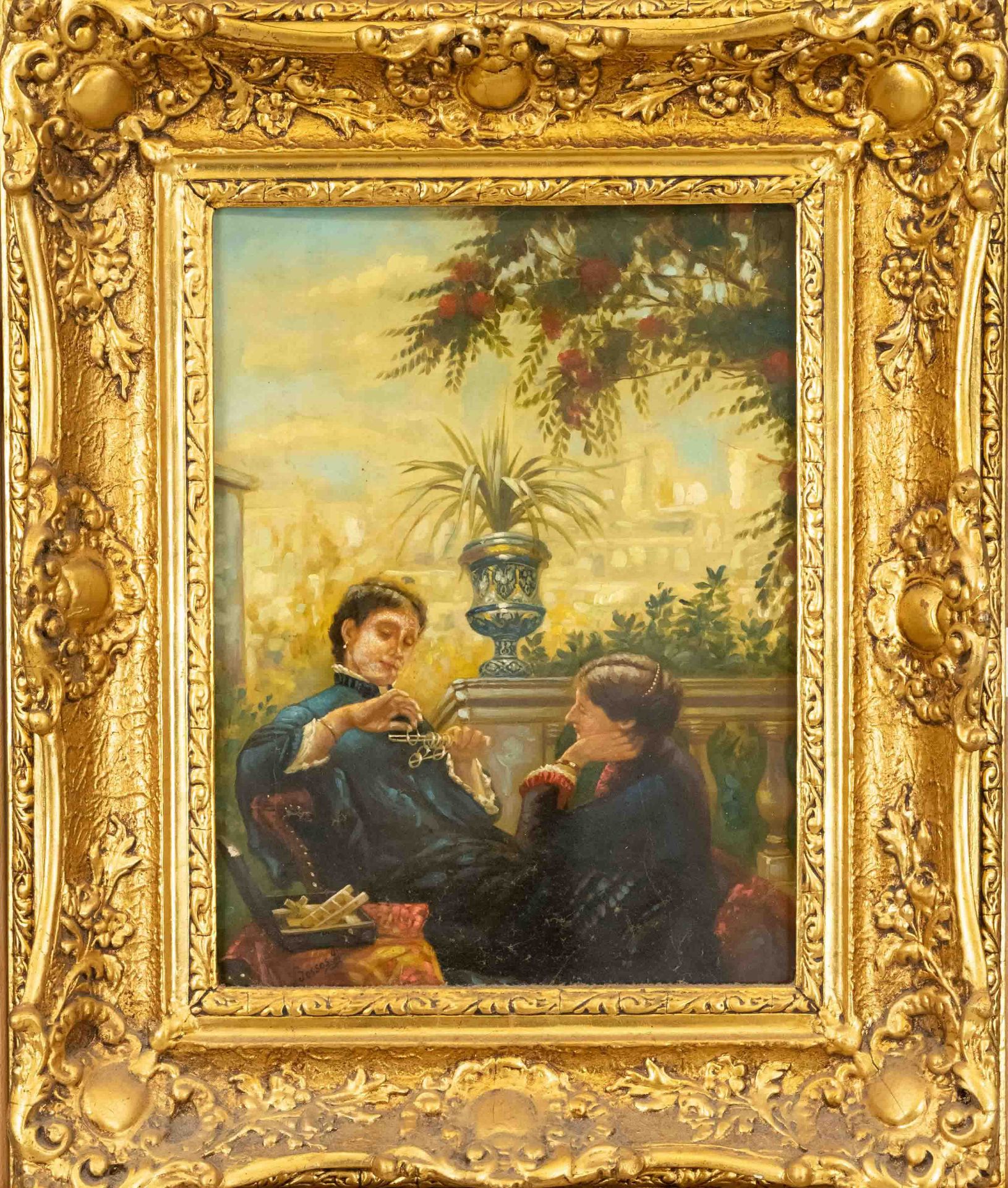 signed Bossos, painter c. 1900, two women playing wrestling on a summer terrace, oil on cardboard,