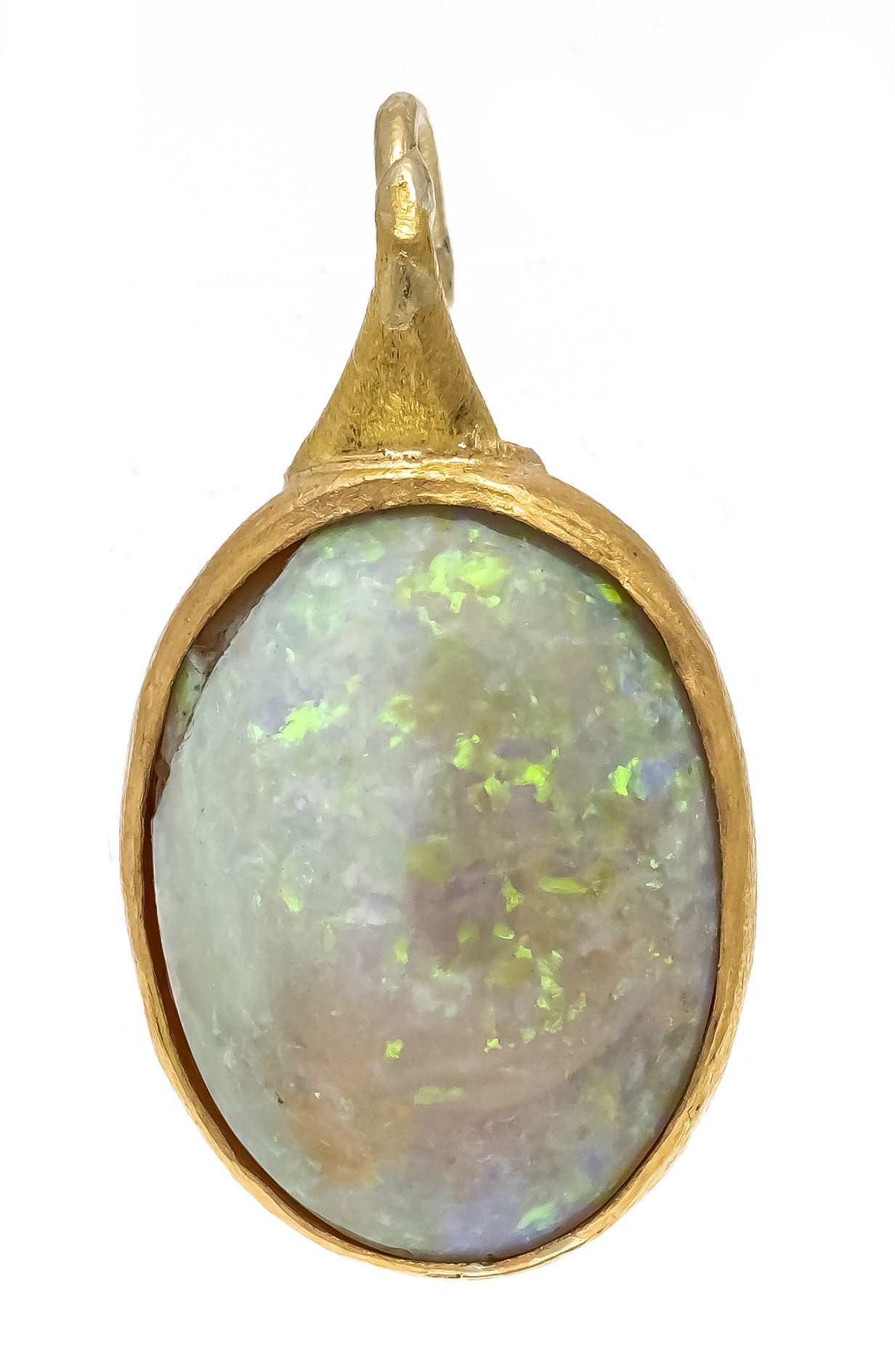 Opal pendant GG 750/000 matted, with an oval milopal cabochon 14.5 x 10.8 mm, good play of colors, a