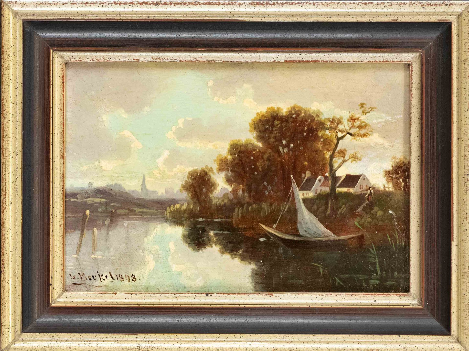 L. Merkel, end of 19th century, miniature painting of a riverbank idyll with church tower in the