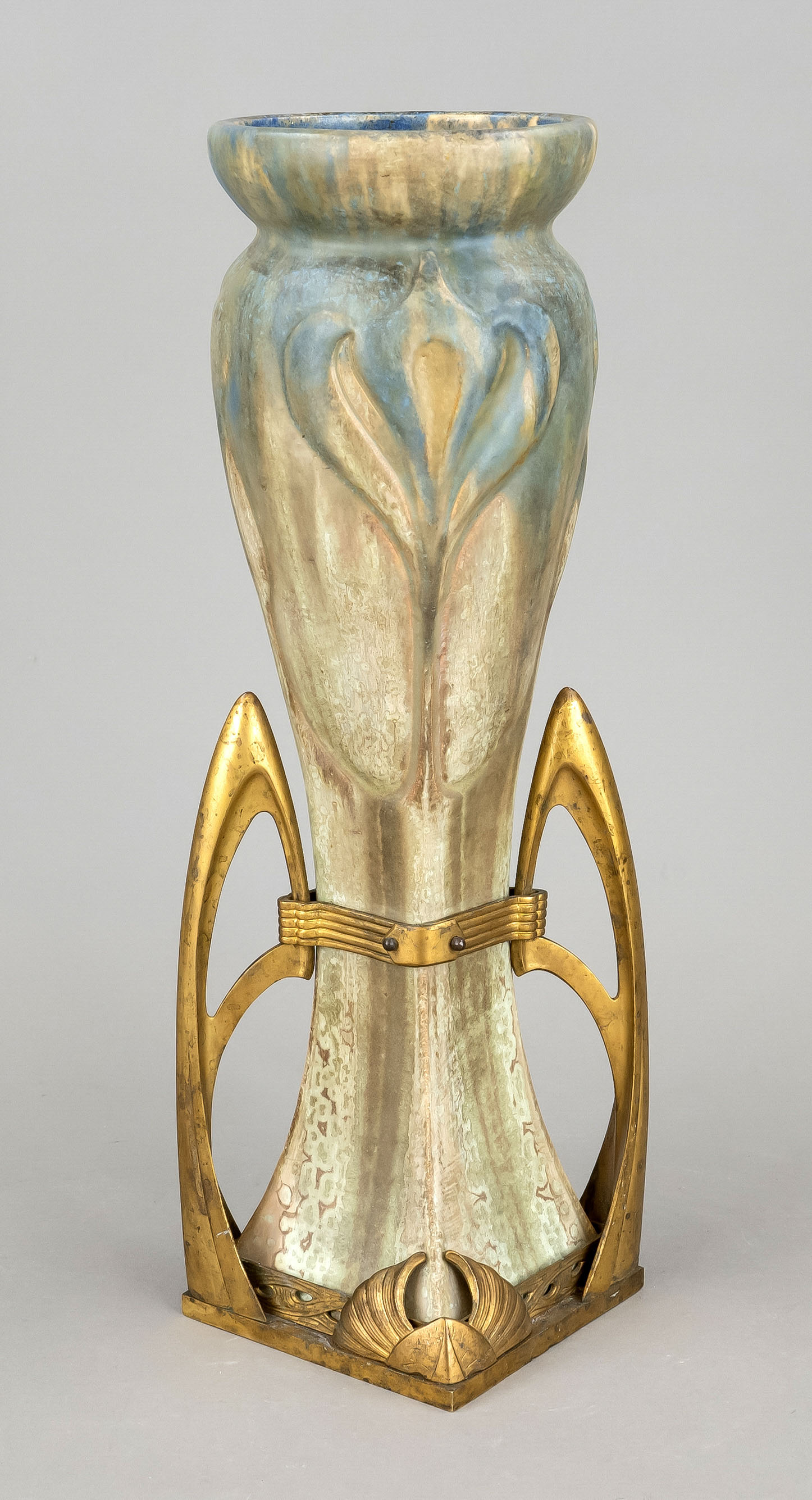 Art Nouveau vase, around 1900, stoneware, running glaze in gray-blue tones, lily blossoms in relief,