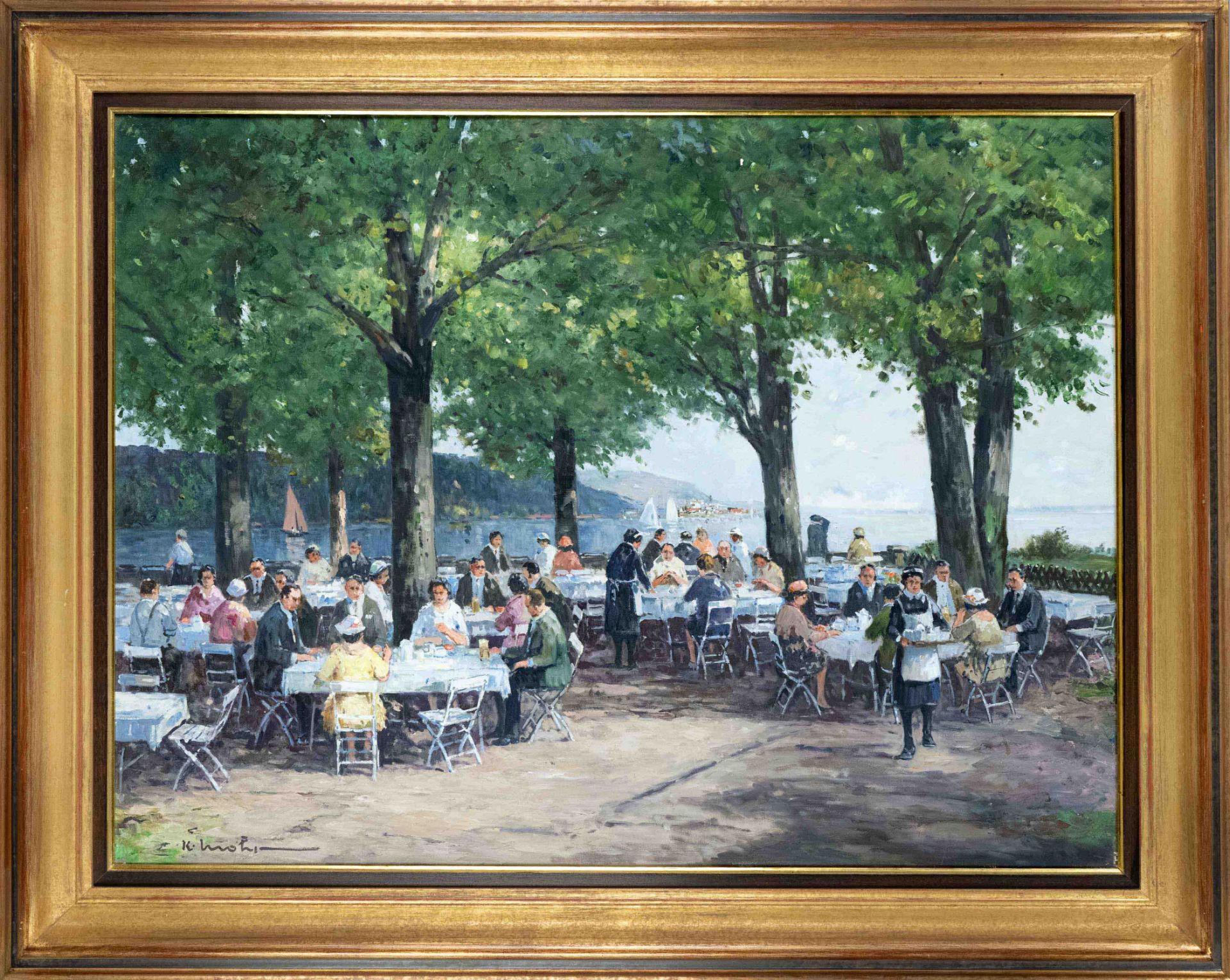 Karl Mohr (1922-2013), multi-figure, large beer garden scene on the lake shore, oil on canvas,