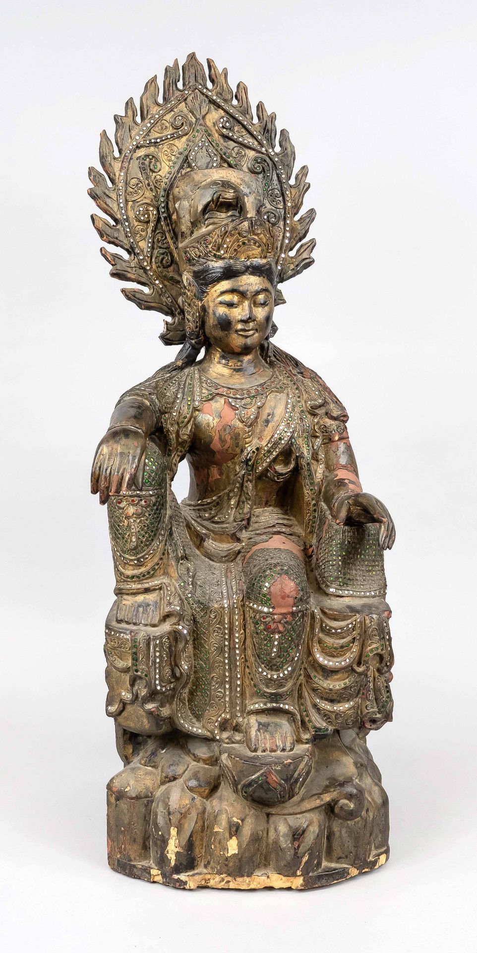 Water-moon Avalokiteshvara on rock throne, China, 20th c., wood-carved merciful Guanyin in so-called