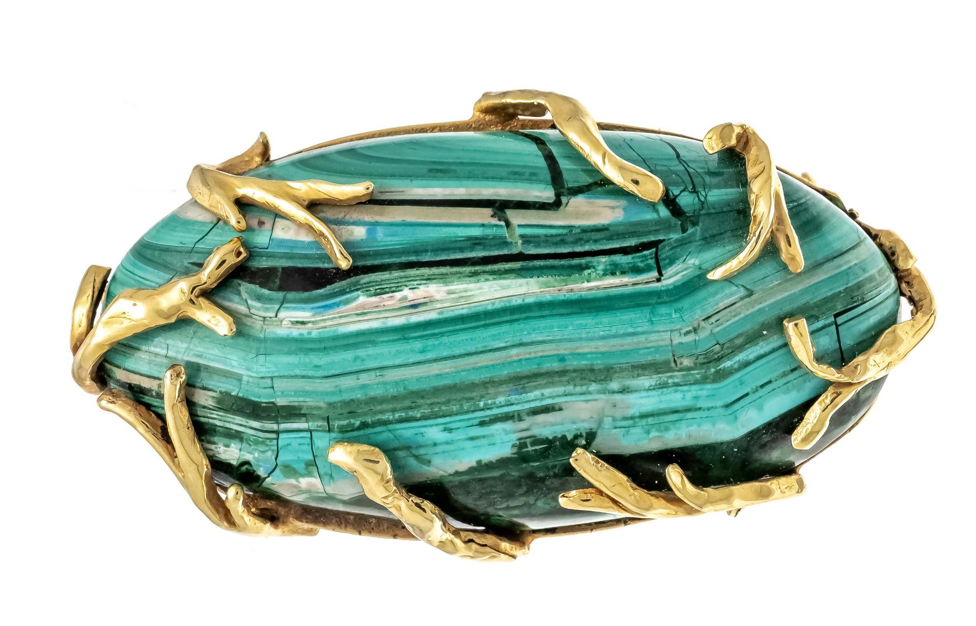 Large malachite brooch / pendant GG 585/000 with an oval malachite cabochon 48.5 x 24 mm, l. 52