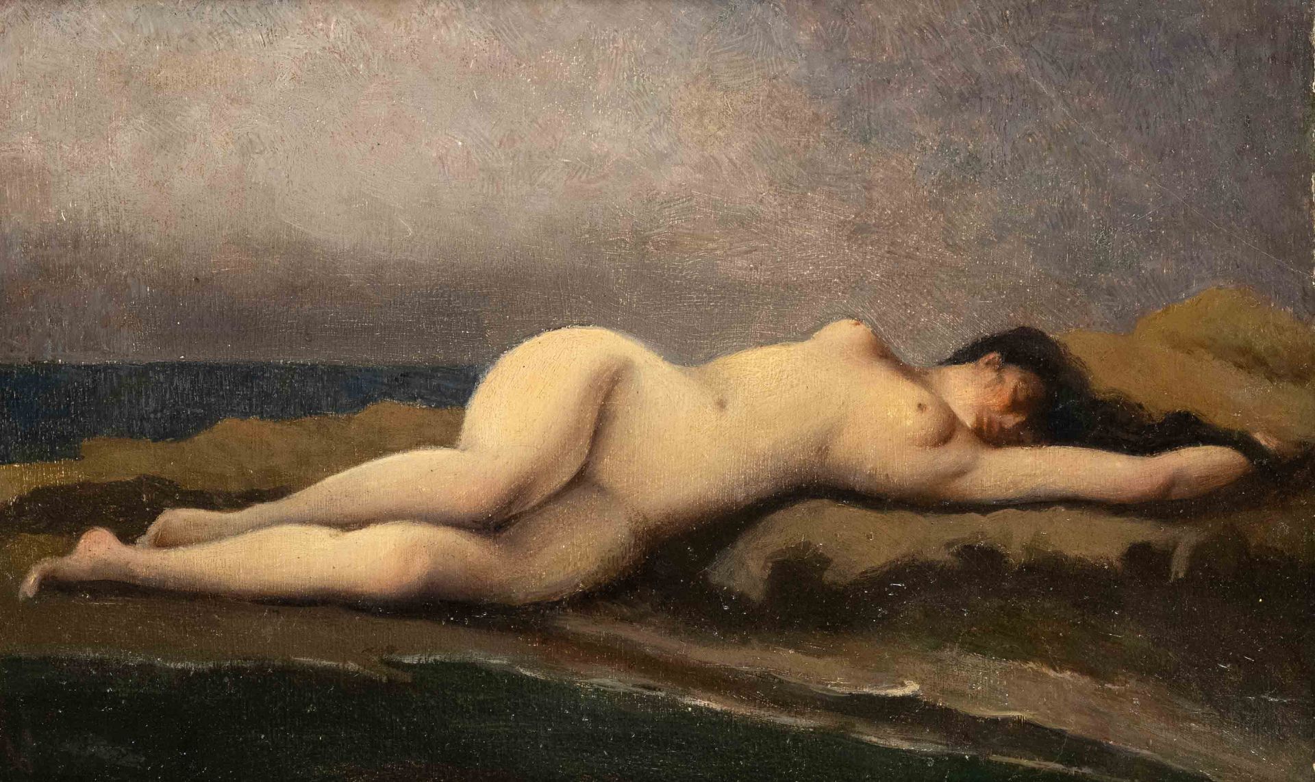 Unidentified artist c. 1900, reclining female nude by the sea, oil on cardboard over wood panel,