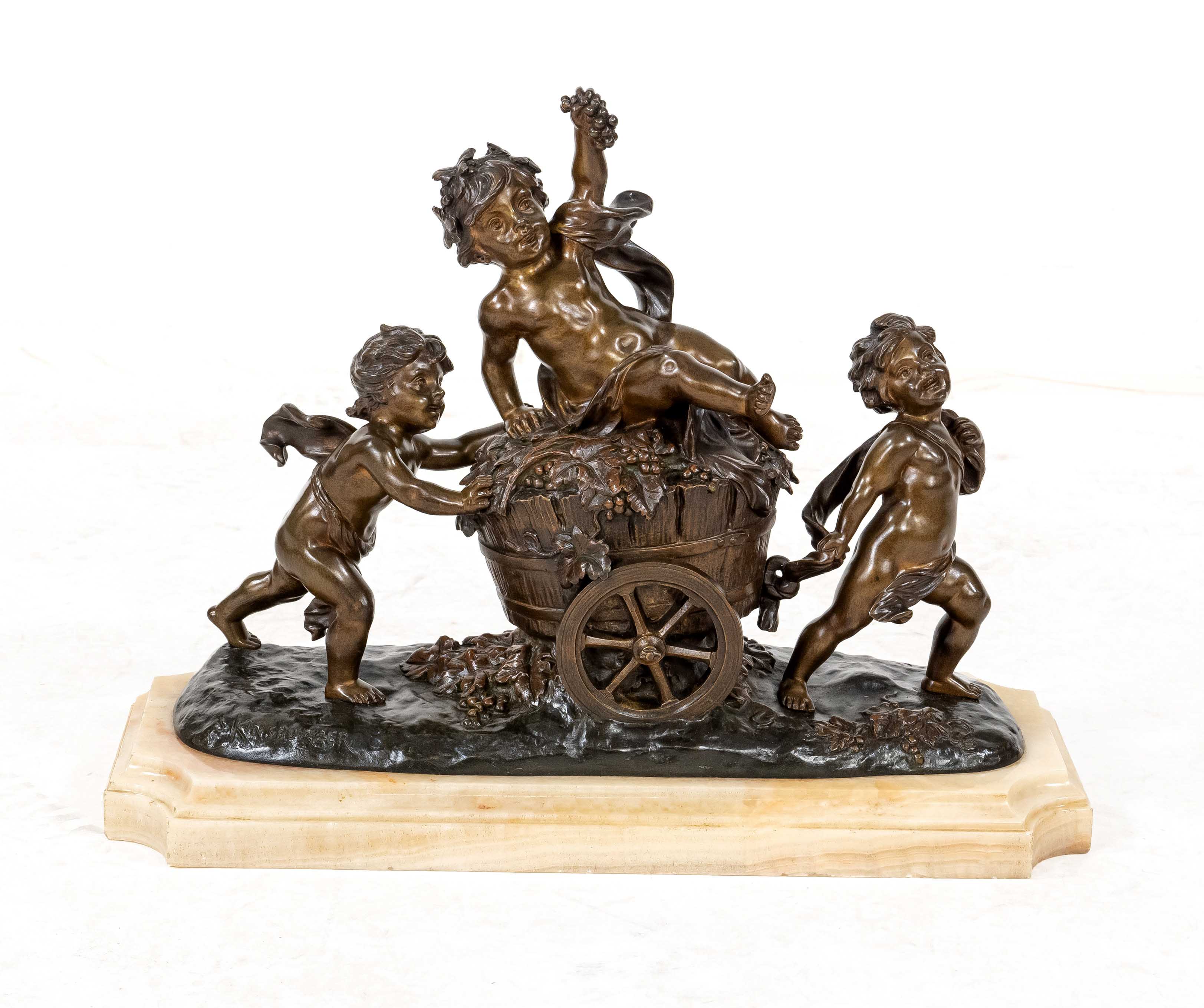 Sylvain Kinsburger (1855-1935), French sculptor, large group of figures with three boys driving a