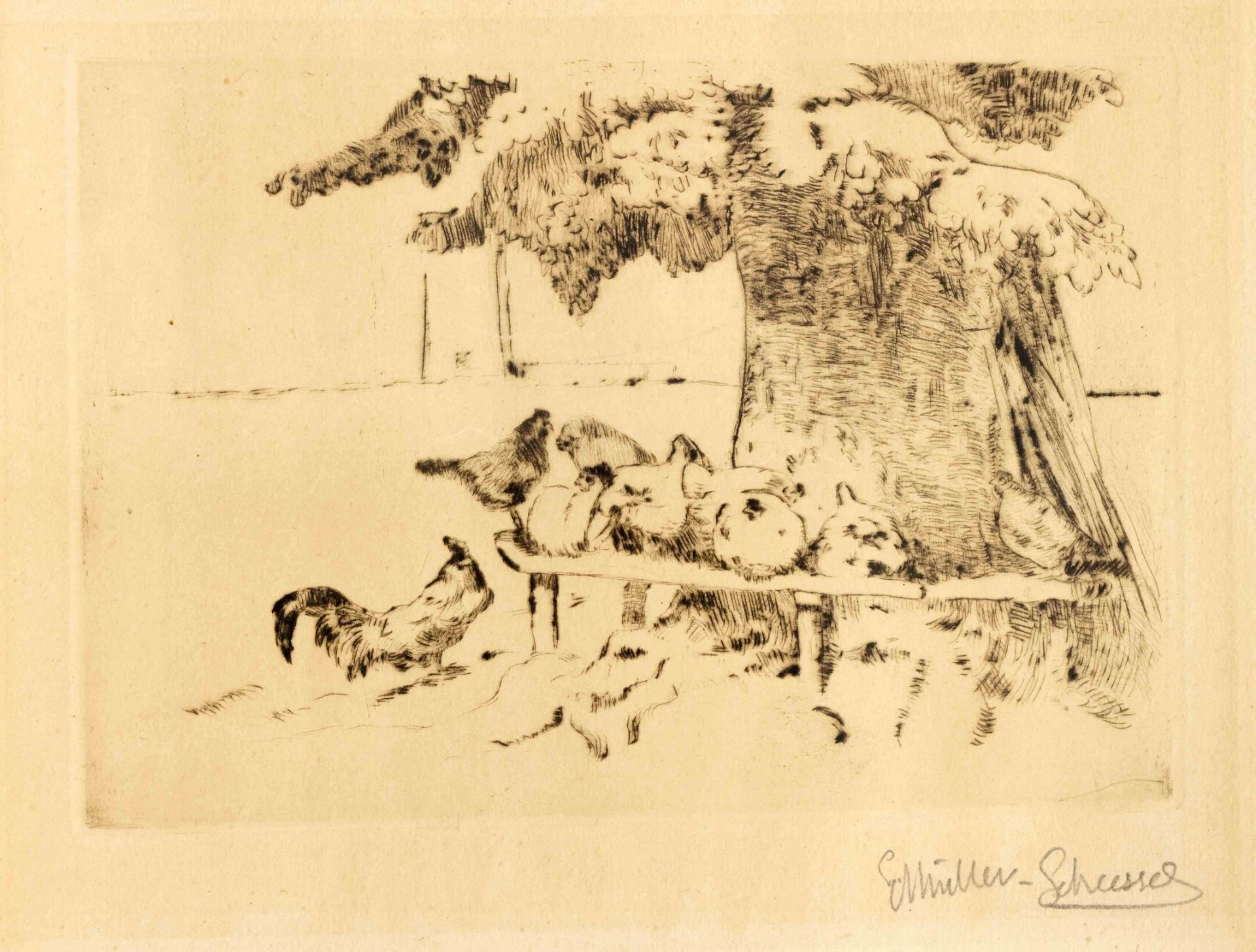 Müller-Scheessel, Ernst. 1863 Scheeßel - 1936 Bremen. Chickens under a tree. Etching, signed