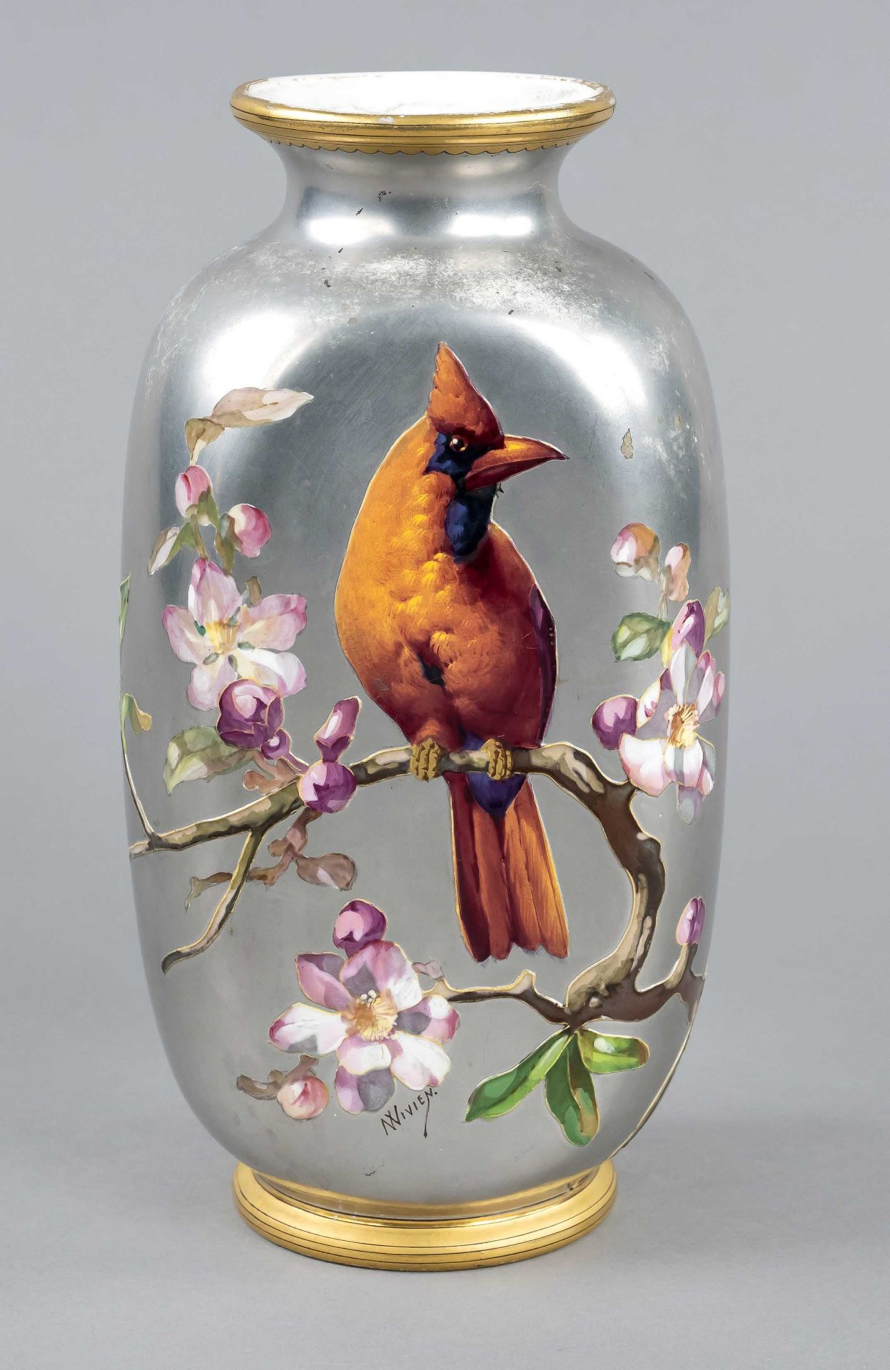 Vase, Paris, France, 19th c., signed, Narcisse Vivien, a cardinal bird on a flowering fruit