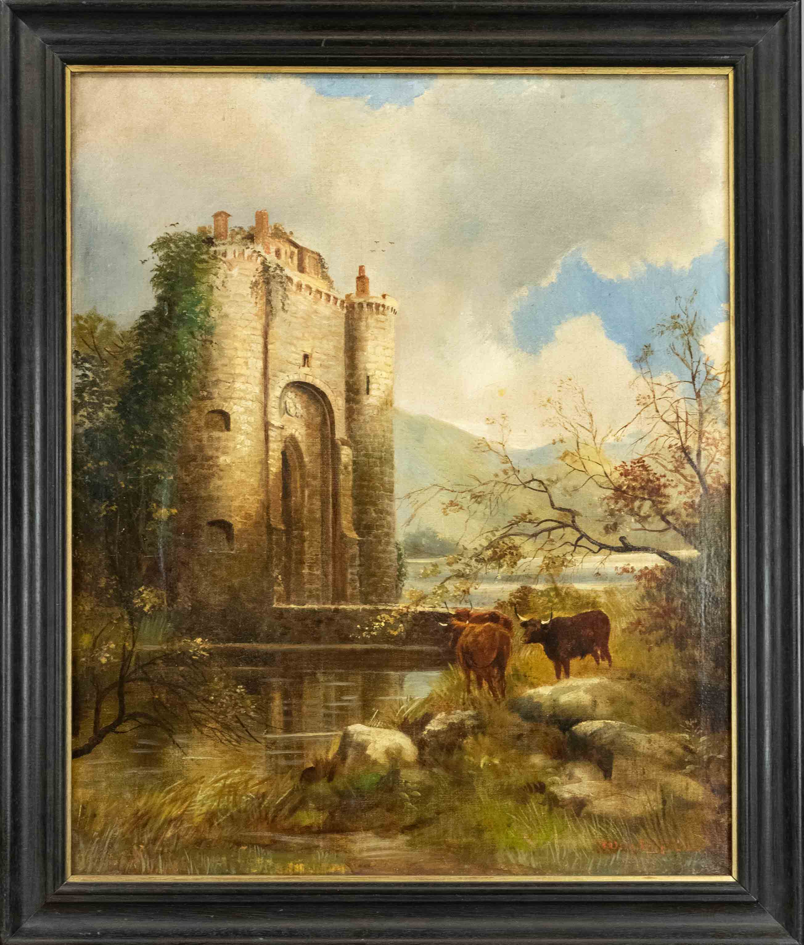 W.H. Hill, English painter c. 1900, Landscape in the Highlands with Ruin of a Castle Gate and