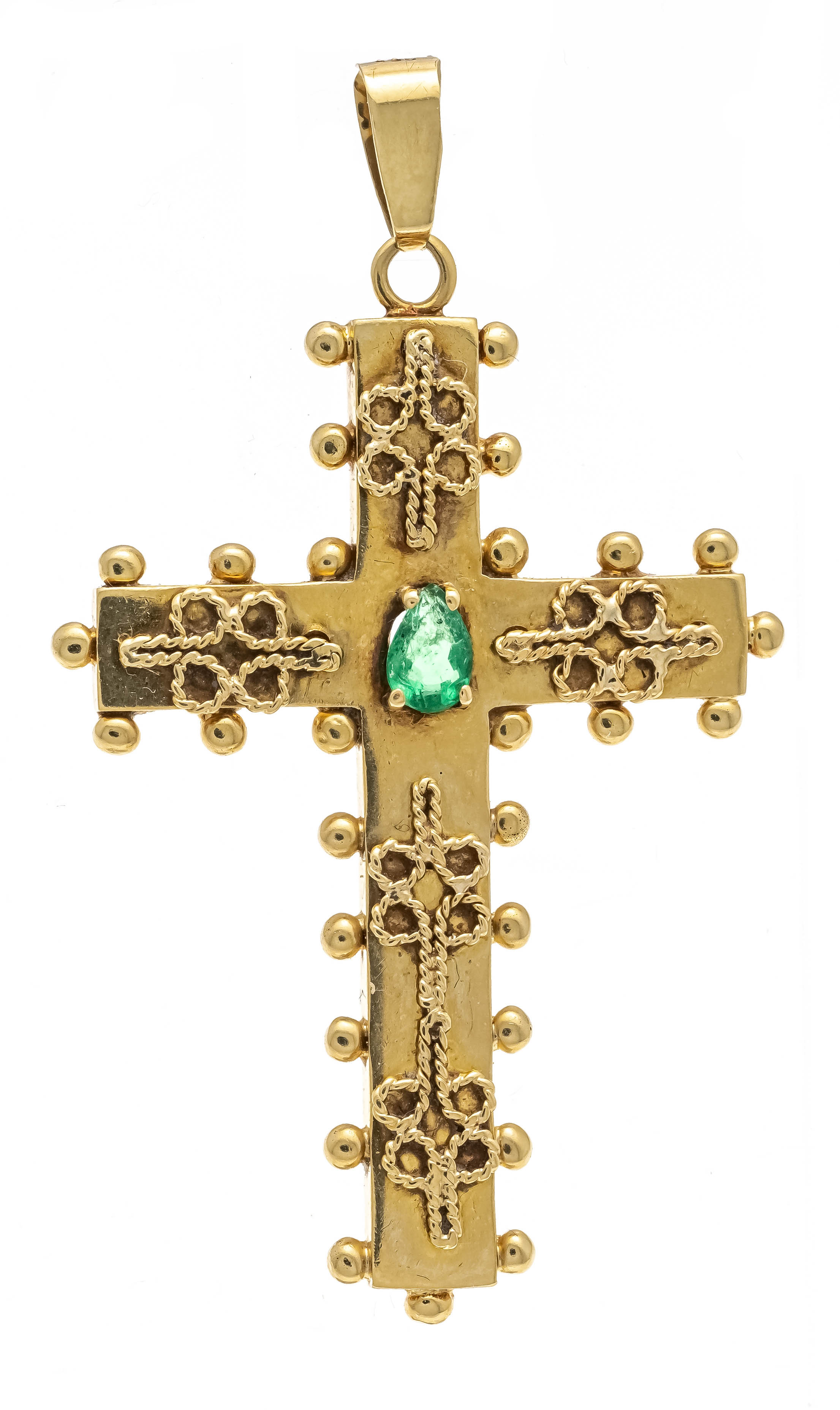 Emerald cross pendant GG 750/000 with a faceted emerald drop 5 mm, l. 54 mm, 8,6 g