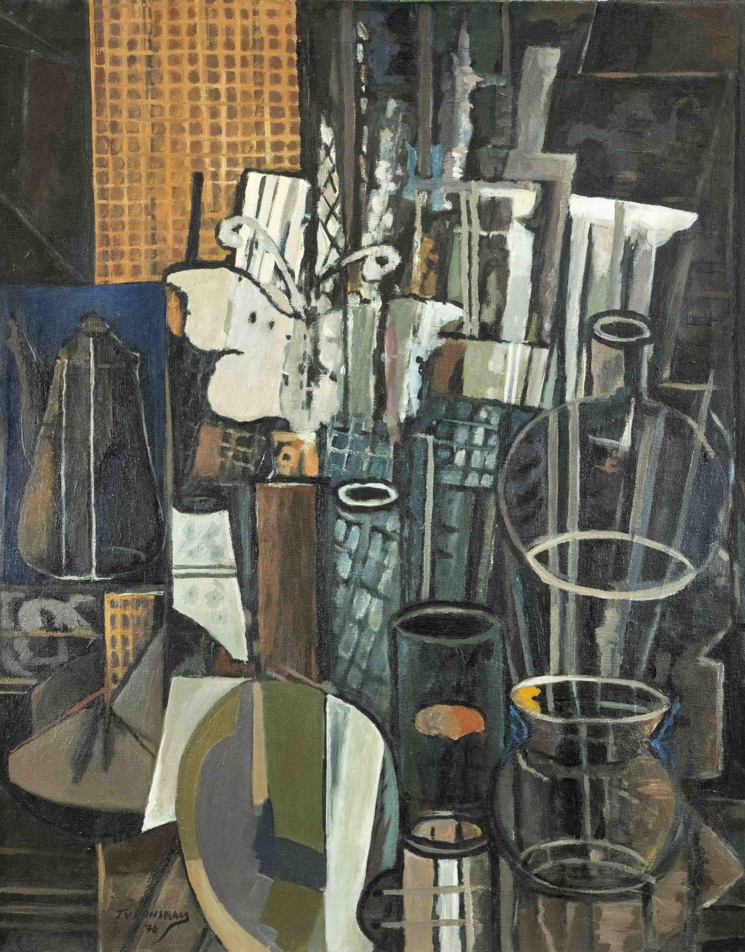 Teunis van Donselaar (*1937), contemporary Dutch artist, ''Chapel'', abstract still life, oil on