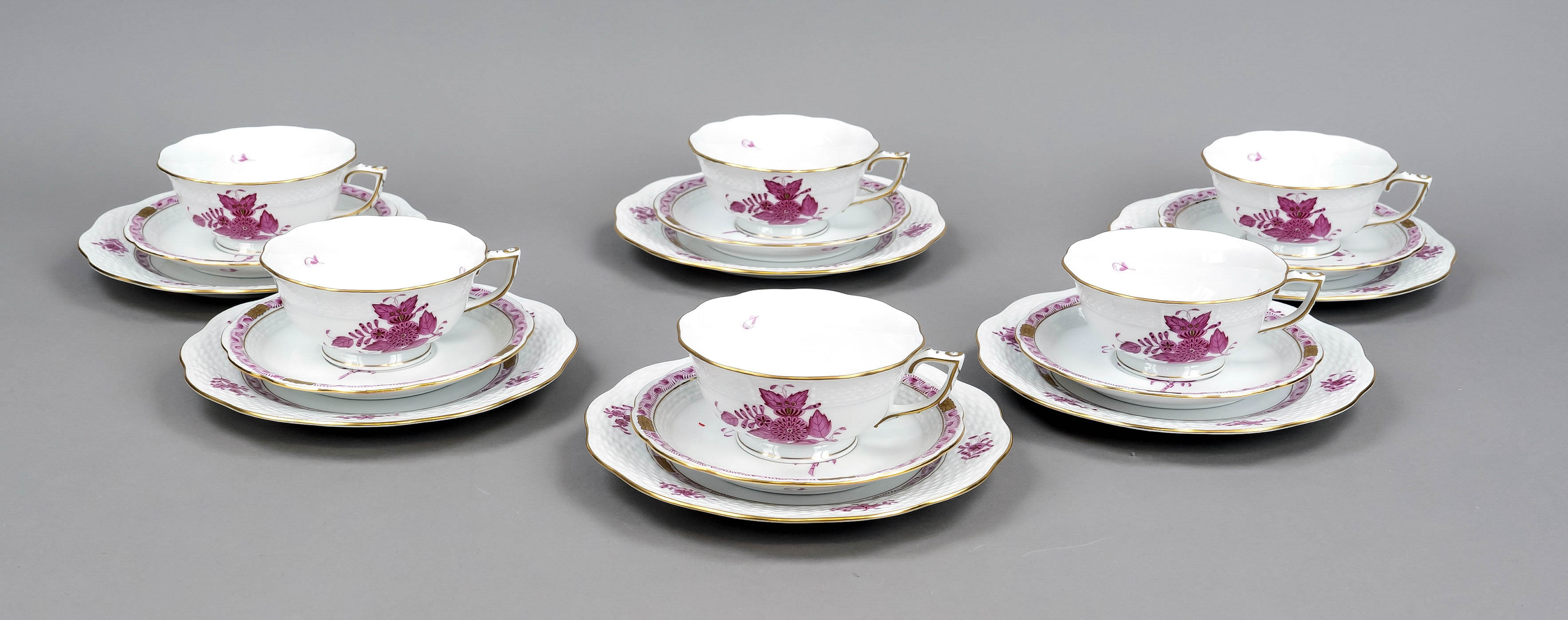 Six three-piece tea sets, Herend, 20th c., Ozier form, Apponyi decor in purple, ornamental