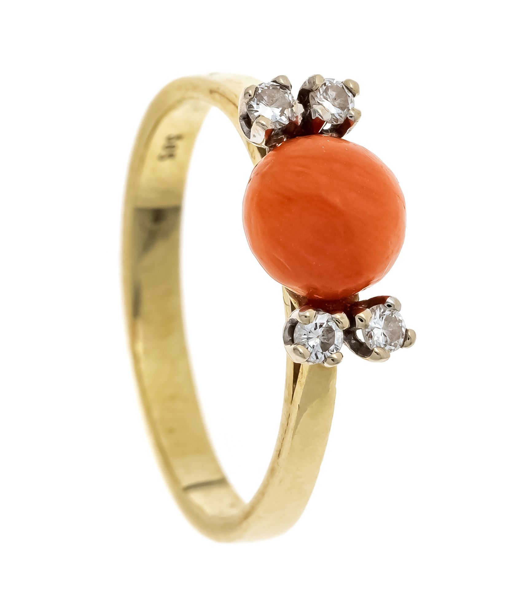 Coral diamond ring GG/WG 585/000 with a round coral cabochon 7 mm, red-tinted orange and 4