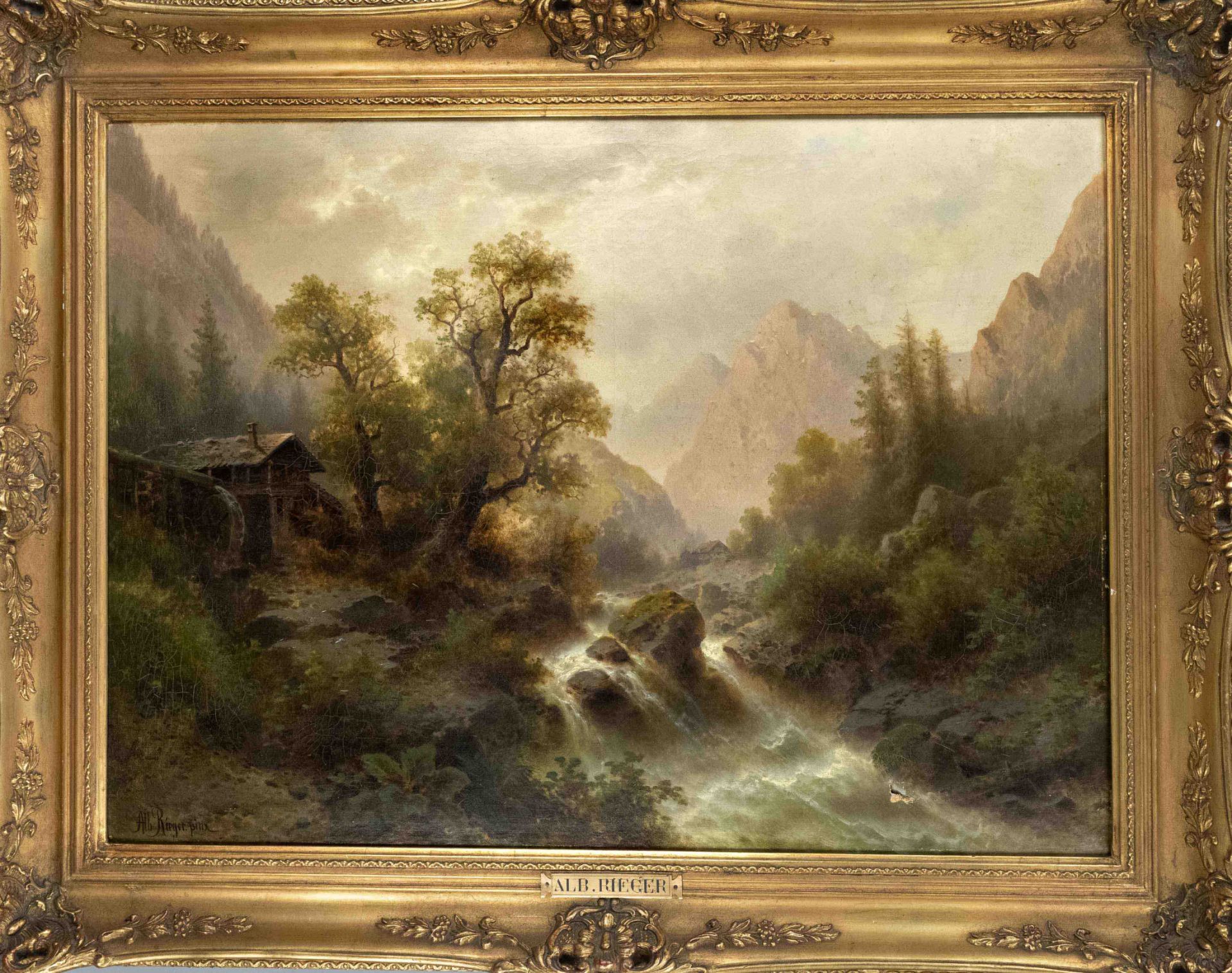 Albert Rieger (1834-1905), Austrian landscape painter, large alpine landscape idyll with water