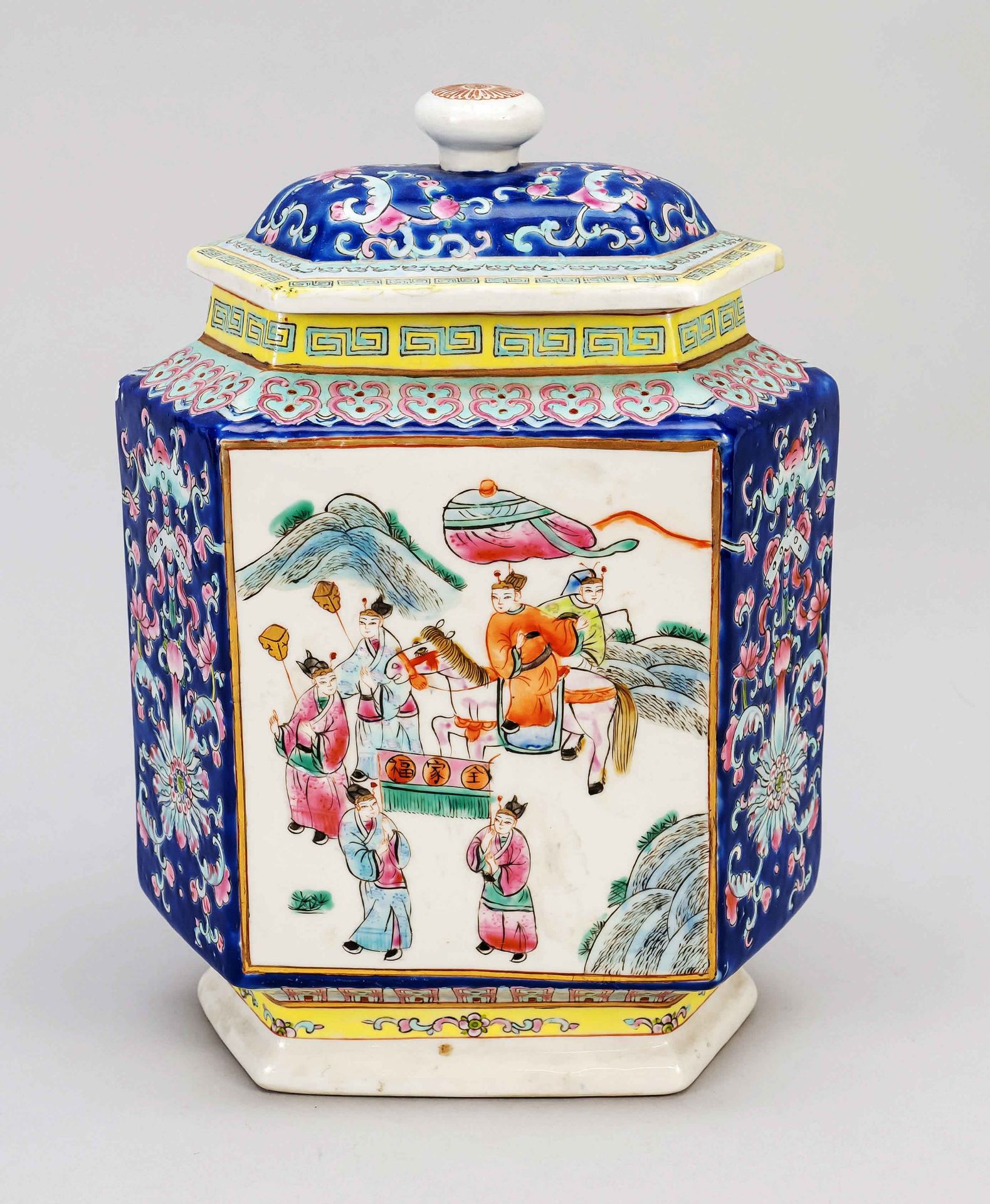 Six-sided lidded vase, China, Republic period(1912-1949), blue-ground enamel on porcelain, bat