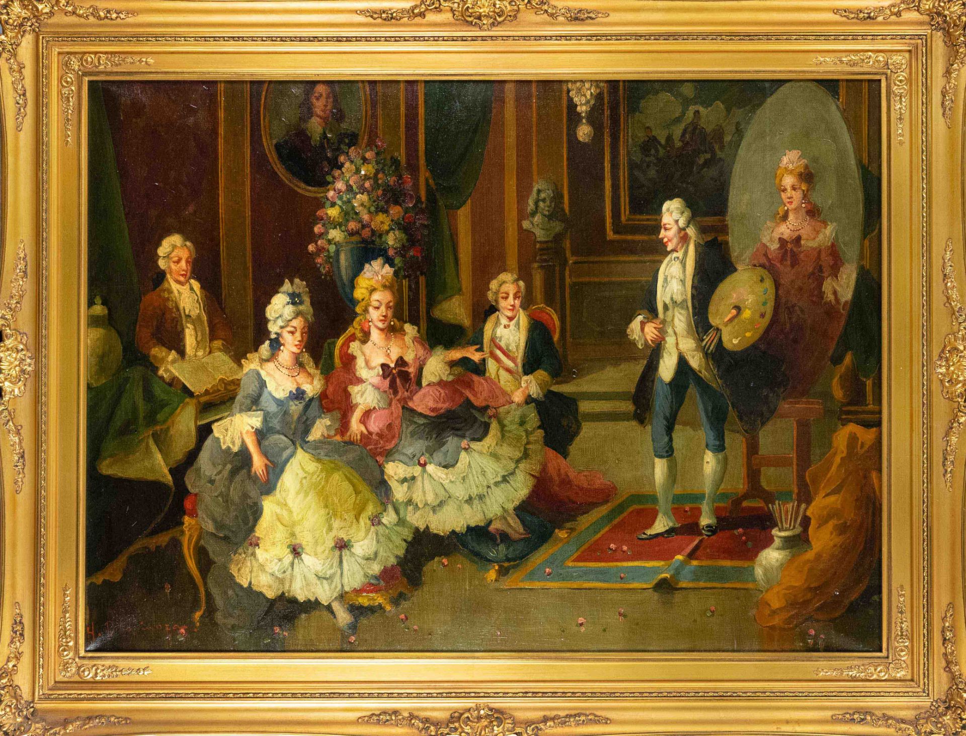 H.D. Espinoza, genre painter mid 20th c., rococo society in a salon with portraying painter at
