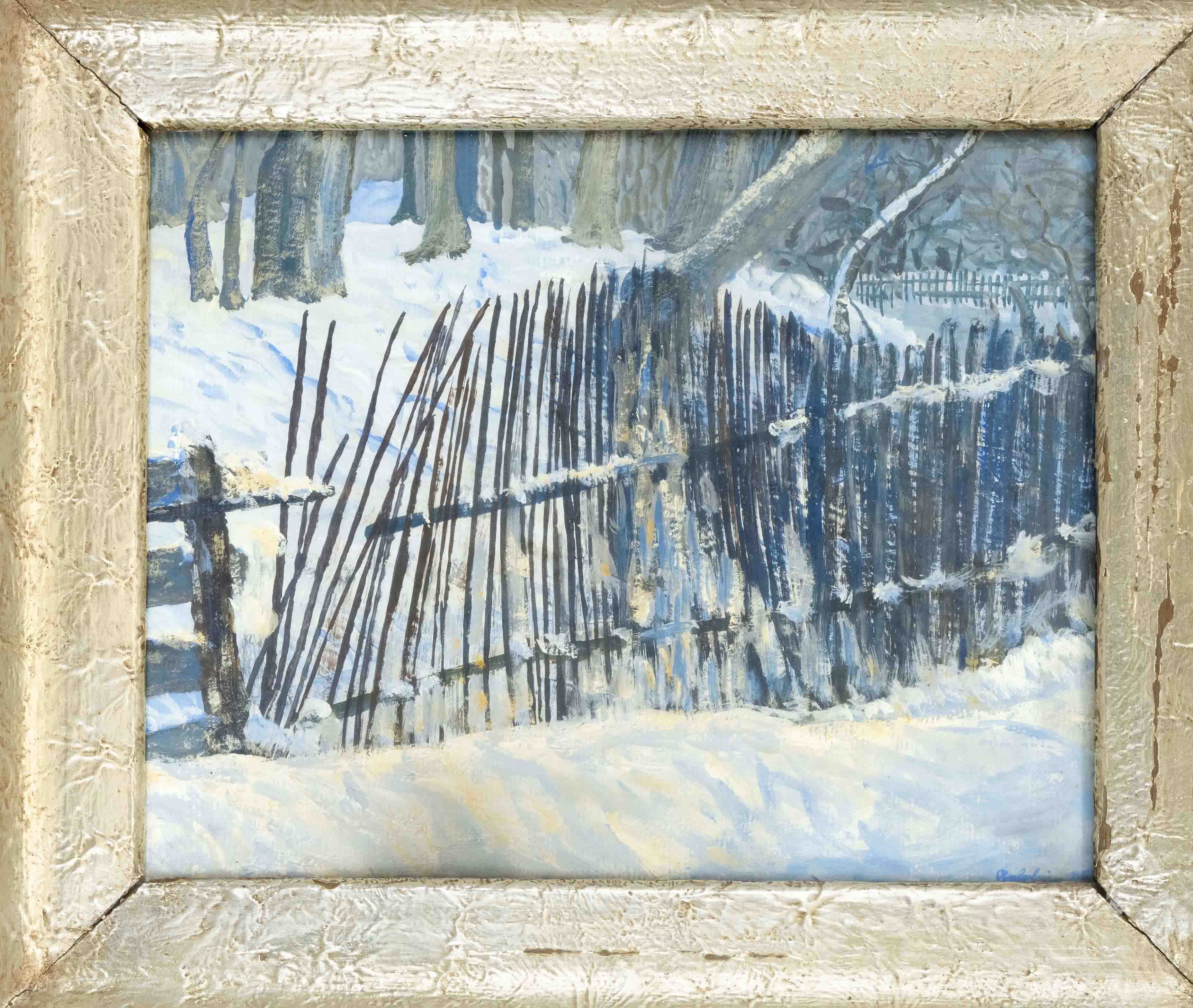 signed Gebelein, German painter c. 1925, fence in winter landscape, oil on cardboard, signed lower