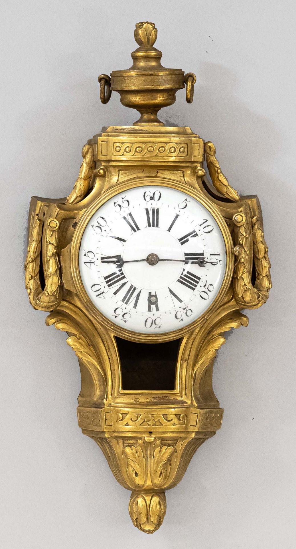 Cartel clock, 2nd half of the 18th century, cast brass, decorated with tendrils, acanthus leaves,