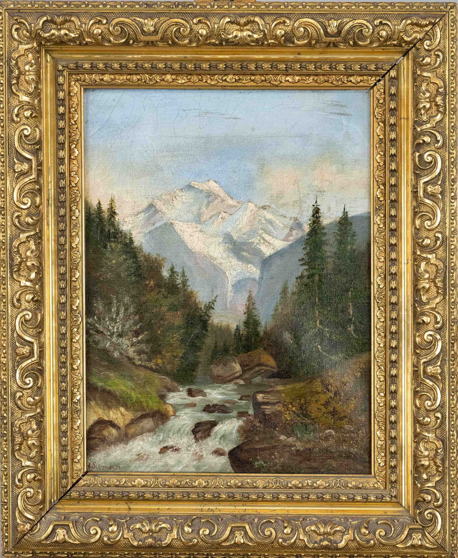 H. Siemsen, 19th c., Alpine landscape with stream and view of the Watzmann, oil on canvas, signed