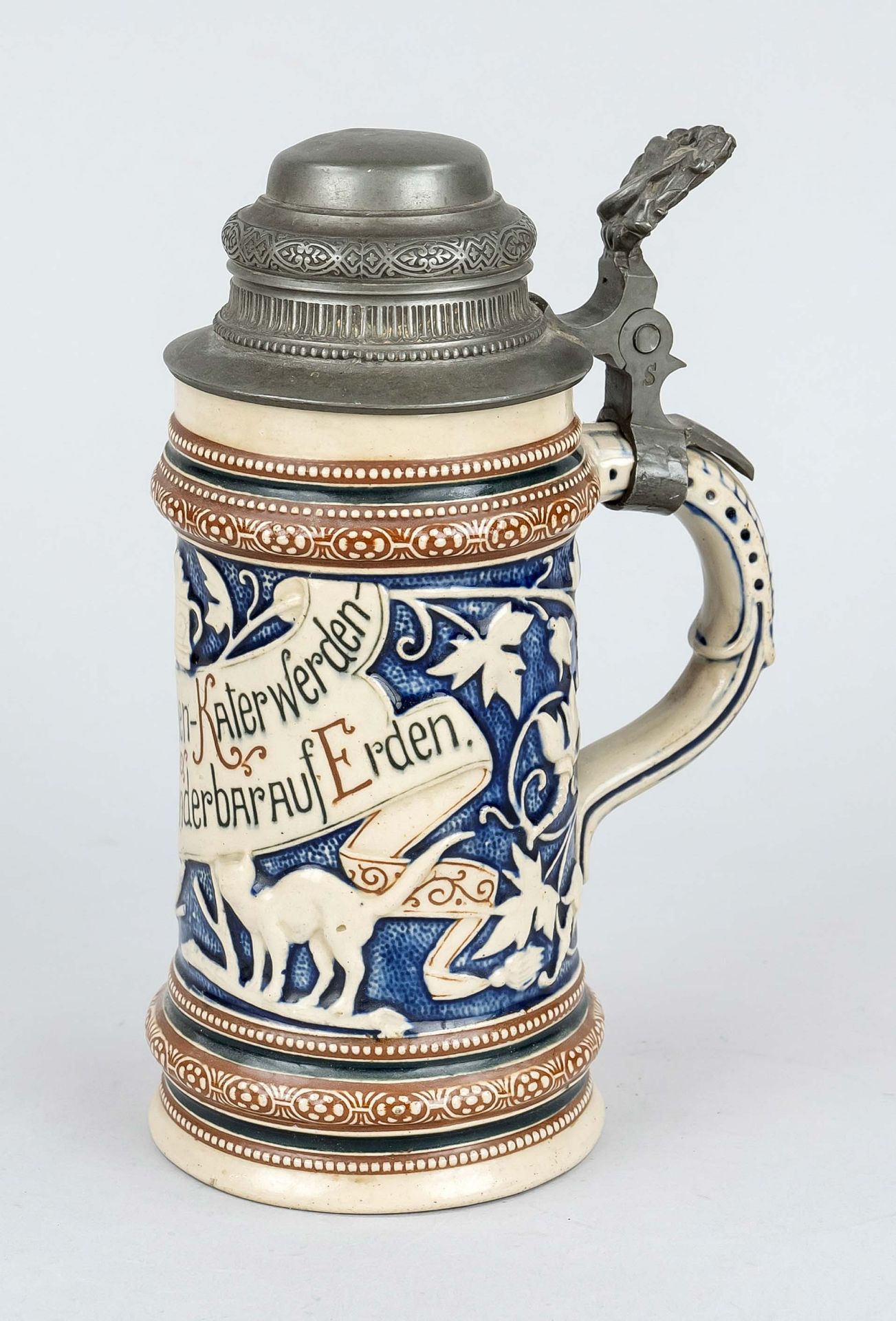 Stoneware jug, Germany, 20th c., relief decoration with vine and banner, cobalt blue and brown