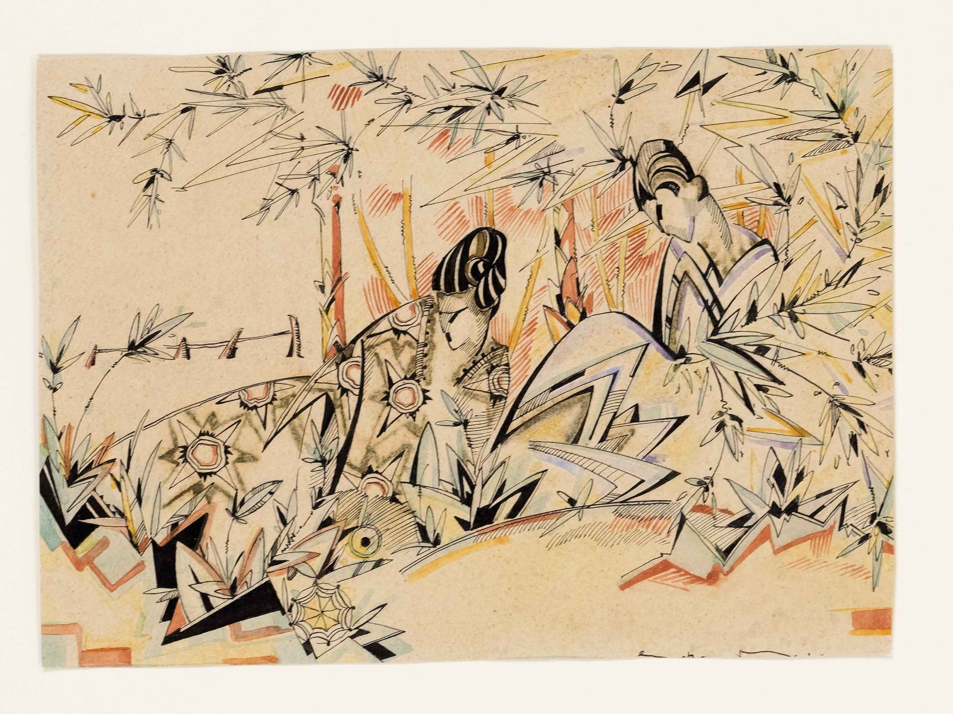 Anonymous draftsman c. 1910. Couple lying in the garden under bamboo. Pen and ink with watercolor