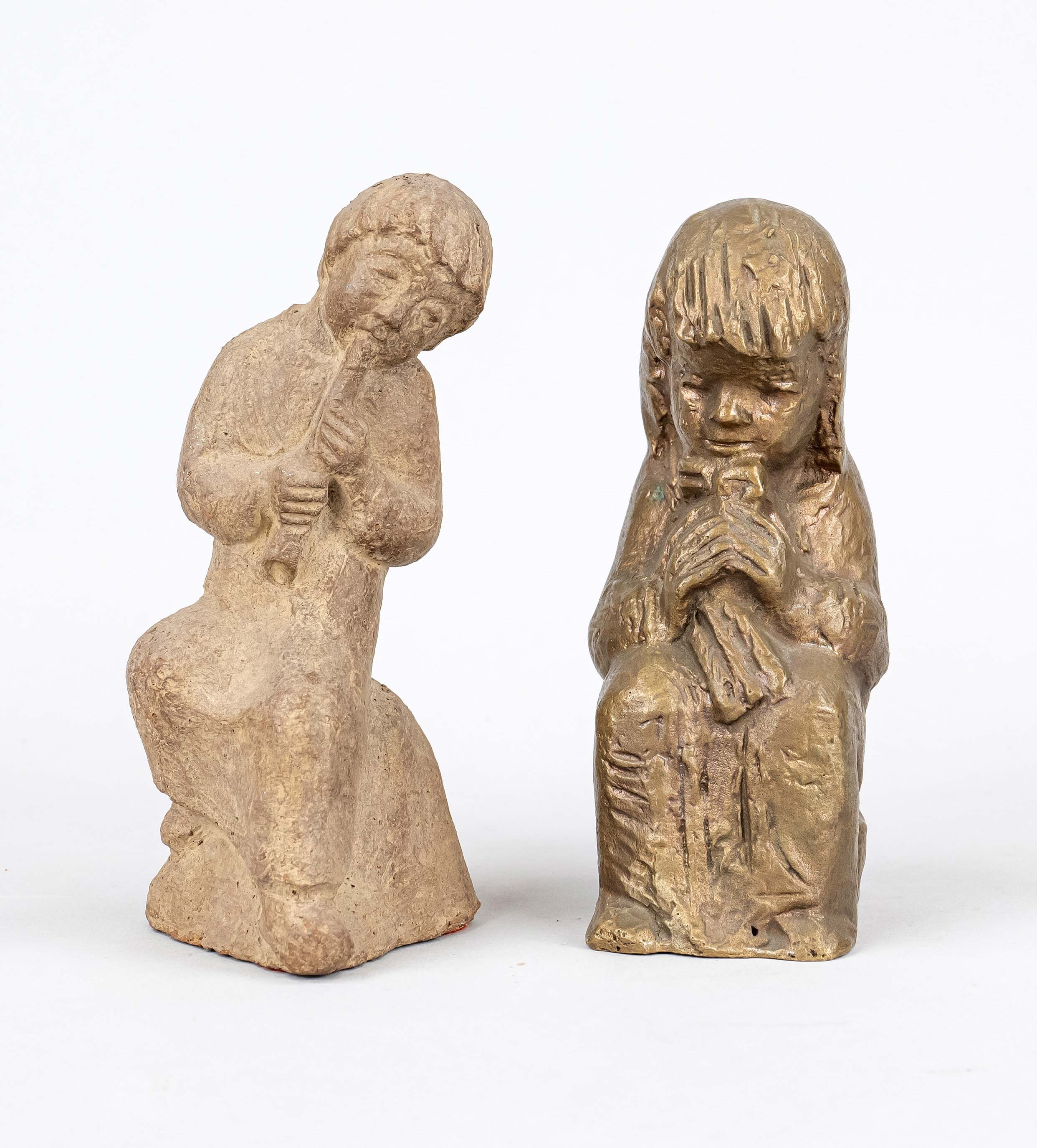 Sculptor of the late 20th century, 2 child figures, flute-playing boy and little girl with doll,