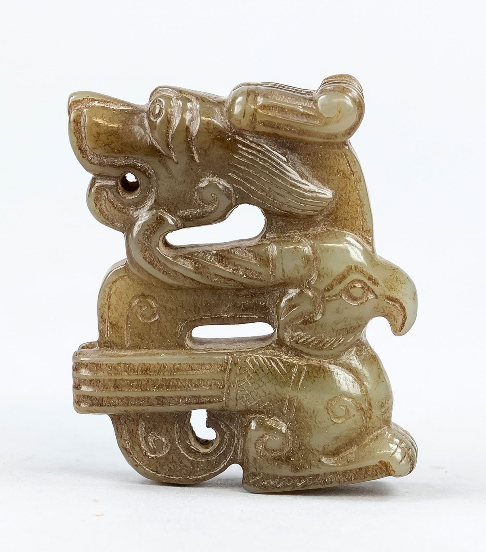 Smoky green jade dragon on bird, China, Republic period(1912-1949), gently carved in archaic