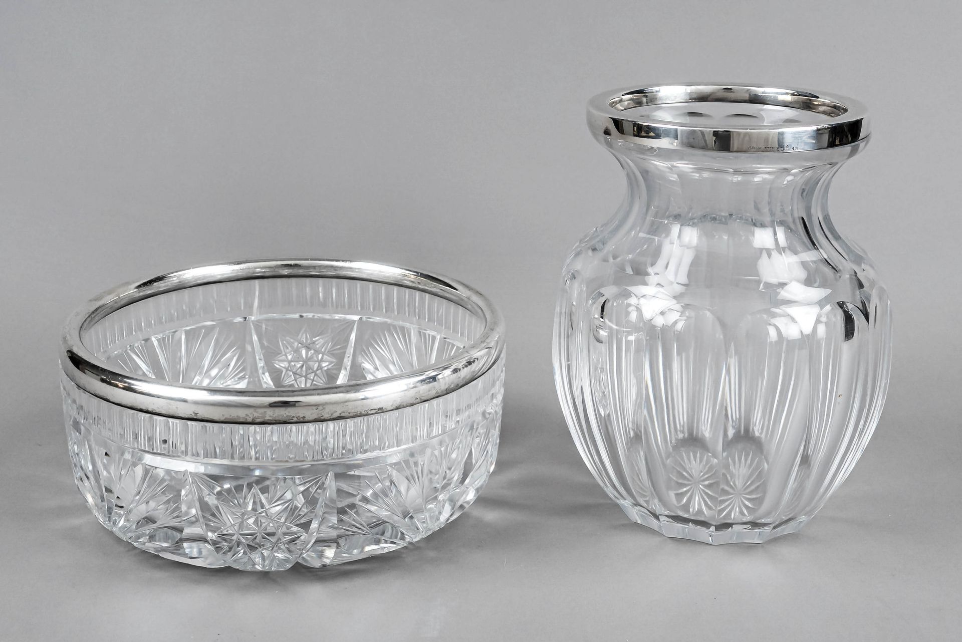 Vase and round bowl with silver rim mounting, German, 20th century, maker's marks Hermann Behrnd,