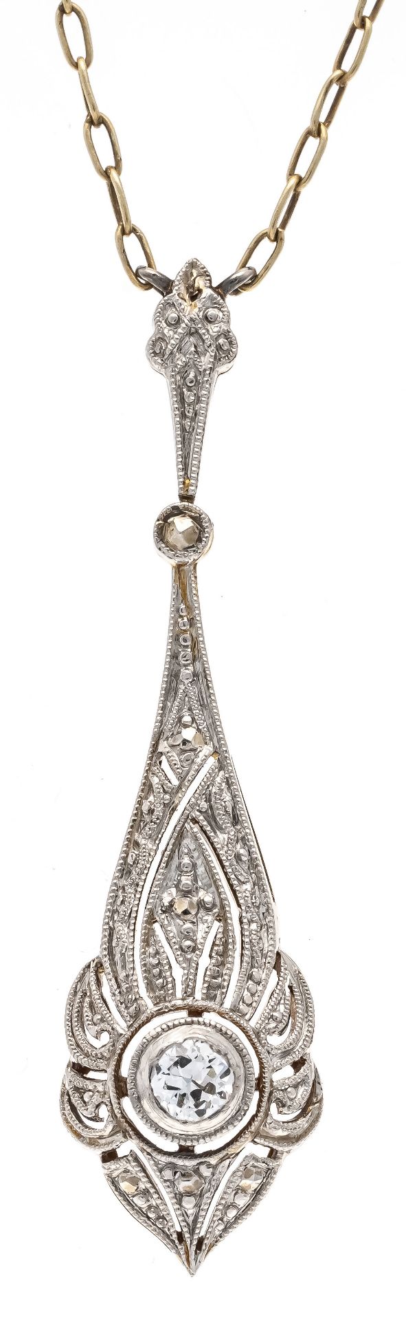 Art Deco necklace GG/WG 585/000 with one old cut diamond 0,10 ct l.tinted W/SI, spring ring, l. 38