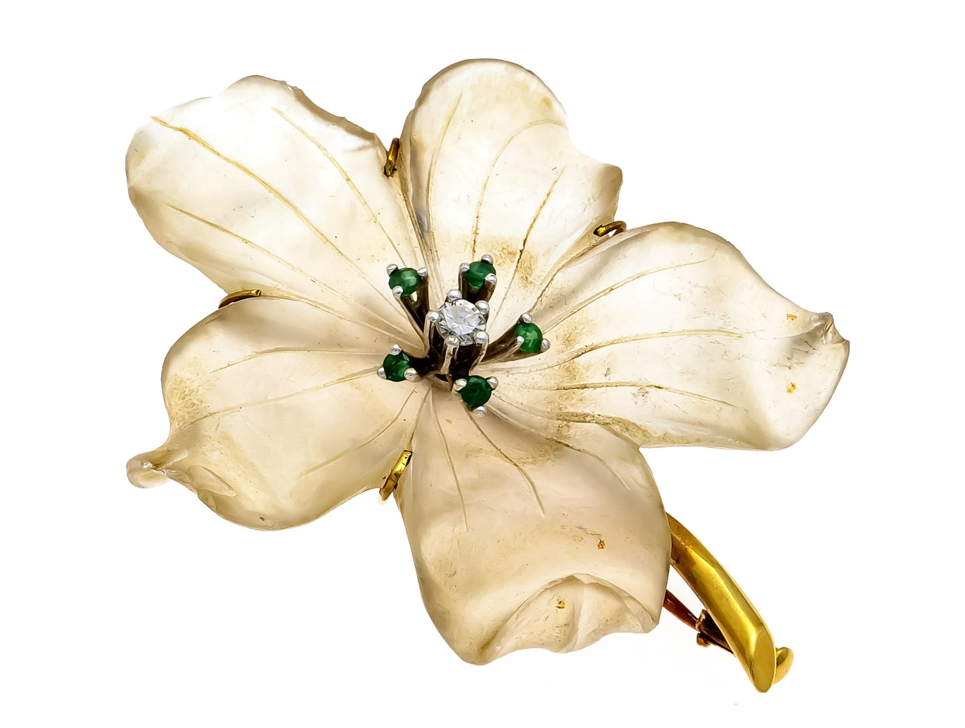 Flower brooch GG/WG 585/000 with a rock crystal finely cut in the shape of a five-petaled flower